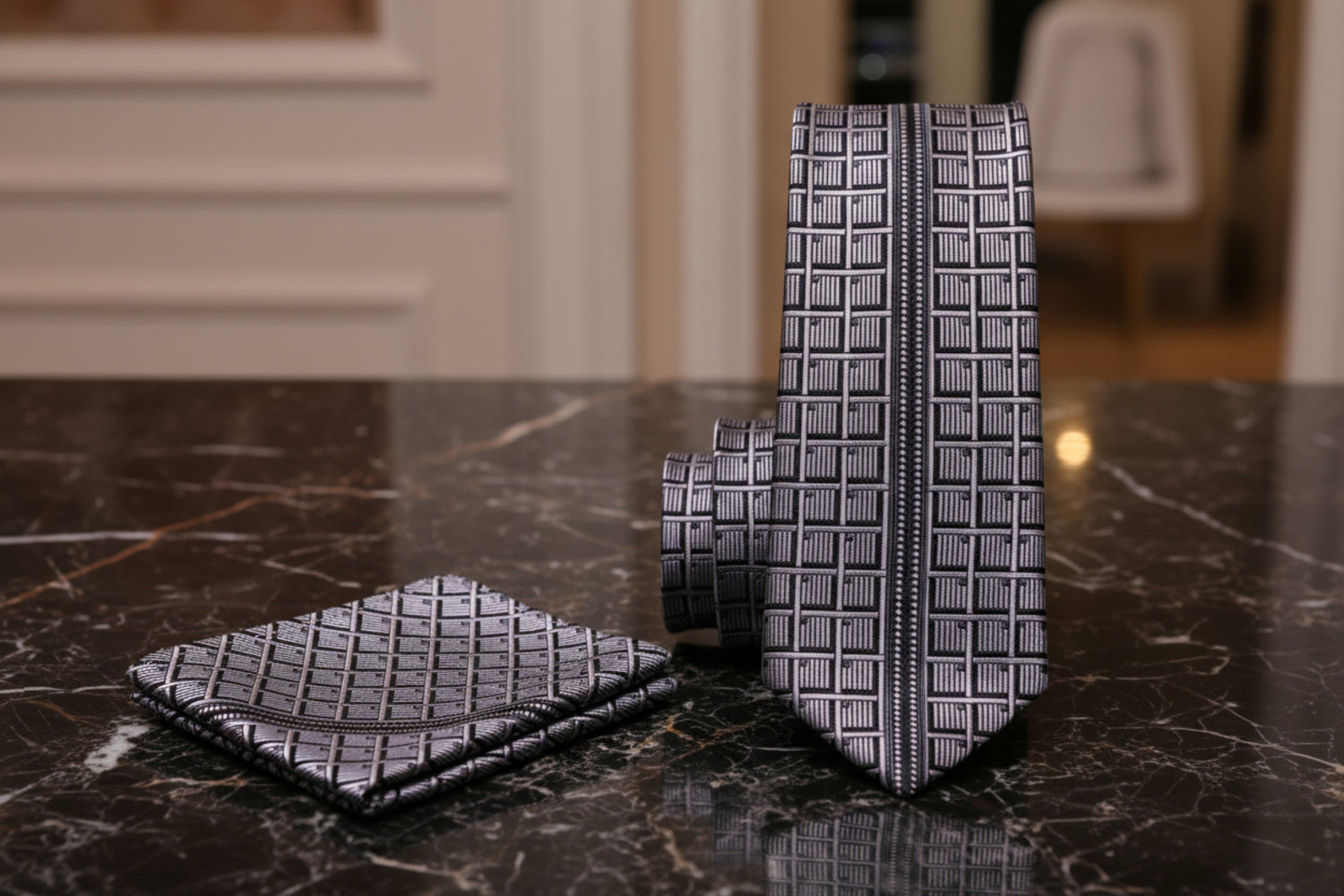 Alt View: A Dark Grey, Black Geometric Waffle Pattern Necktie, Matching Pocket Square