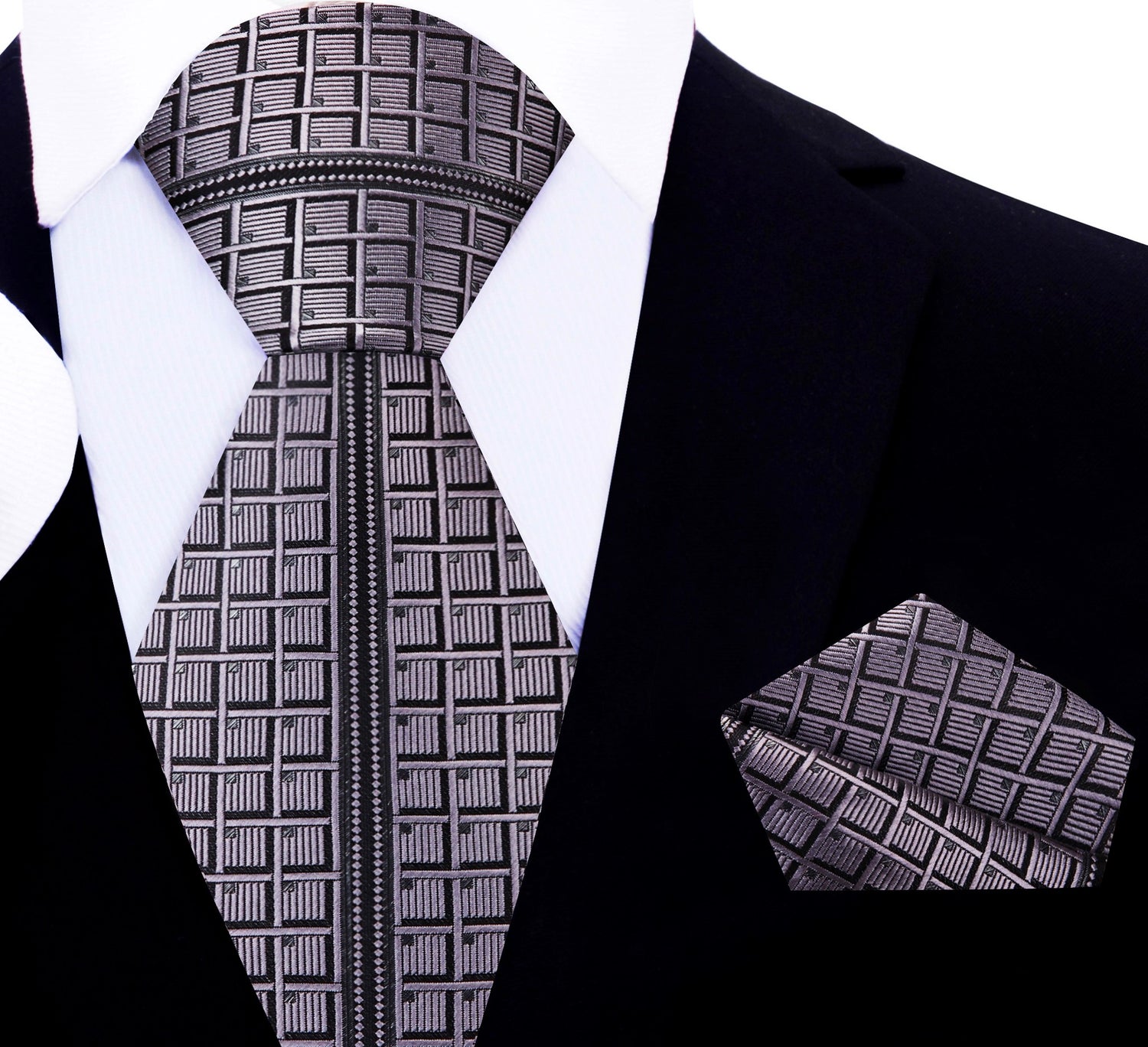 A Dark Grey, Black Geometric Waffle Pattern Silk Necktie, Matching Pocket Square