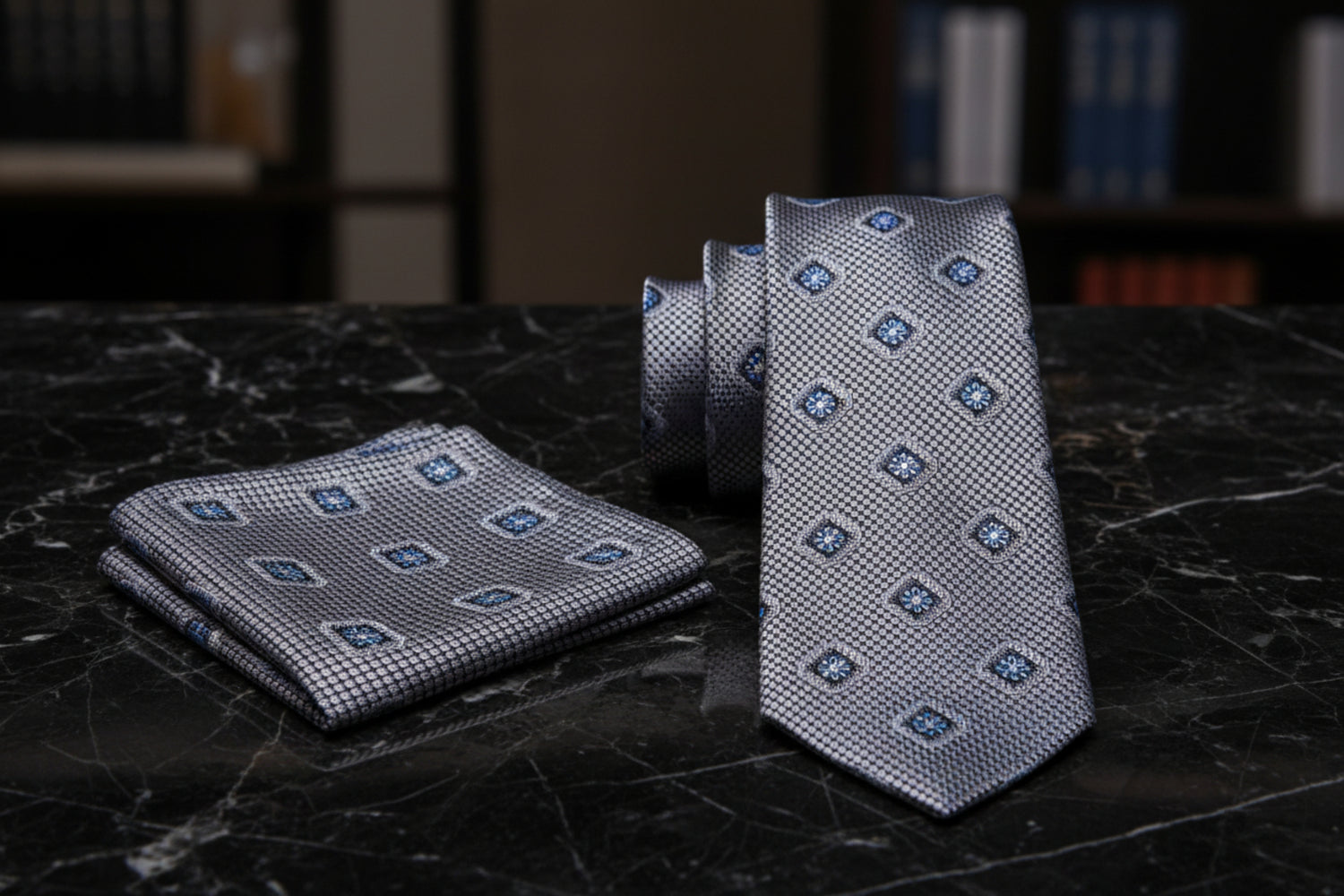 Alt View: Grey Geometric Medallion Tie and Pocket Square