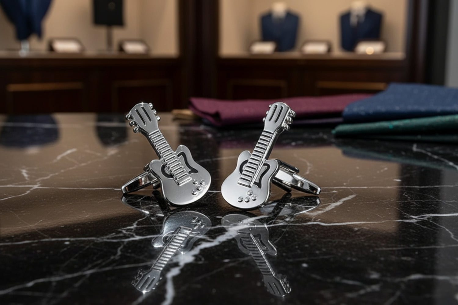 A Silver, Black Color Guitar Shaped Cuff-links