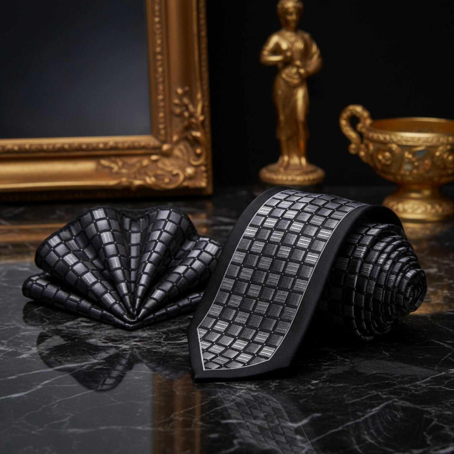 Alt View: Black and Silver Geometric Tie and Pocket Square