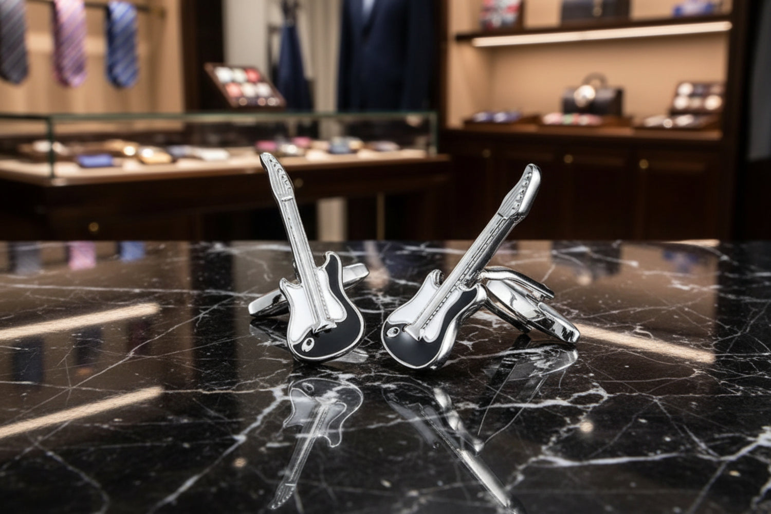A White, Black, Chrome Colored Guitar Shape Pair of Cuff-links.