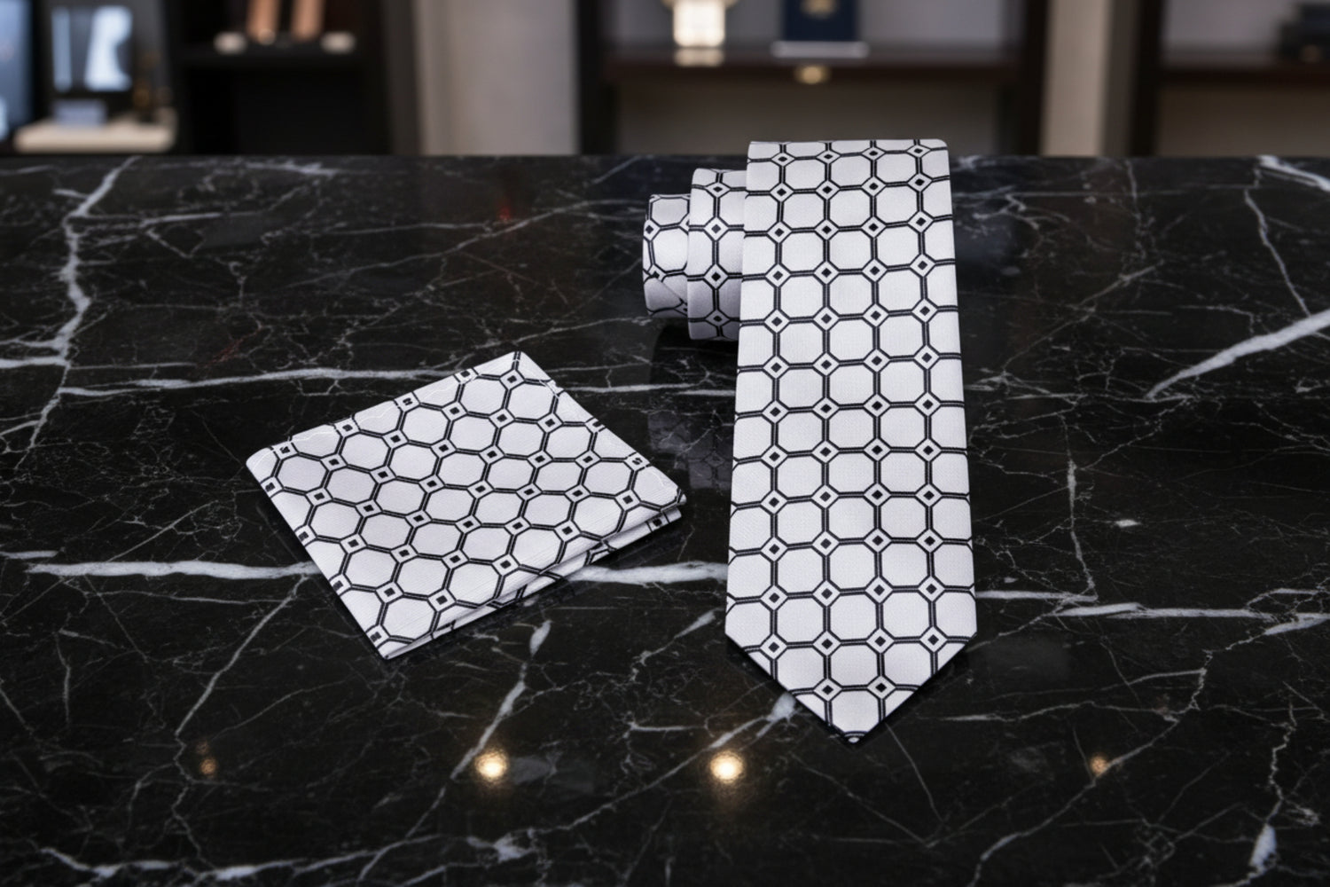 View 2 An Icy Silver, White, Black Geometric Squares With Small Diamonds Pattern Necktie, Matching Pocket Square
