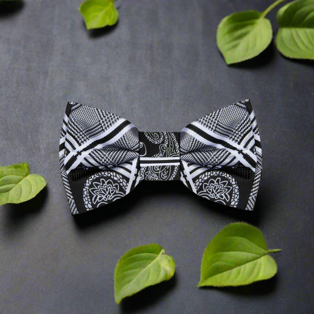 A Silver, Black Geometric and Paisley Pattern Self Tie Bow Tie