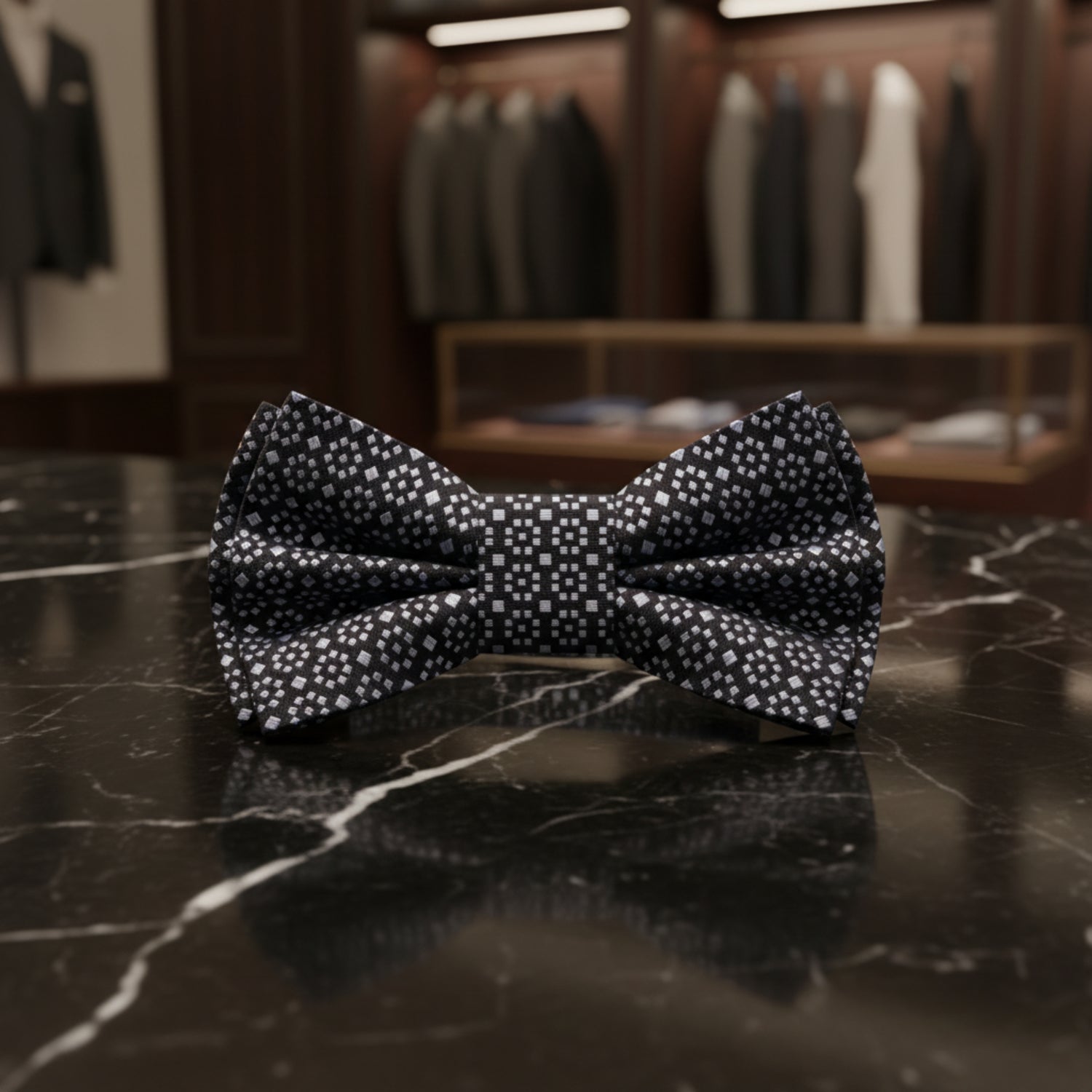 A black and grey geometric bow tie 
