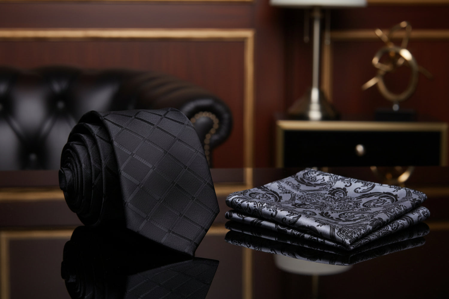 Black Necktie with Grey Square