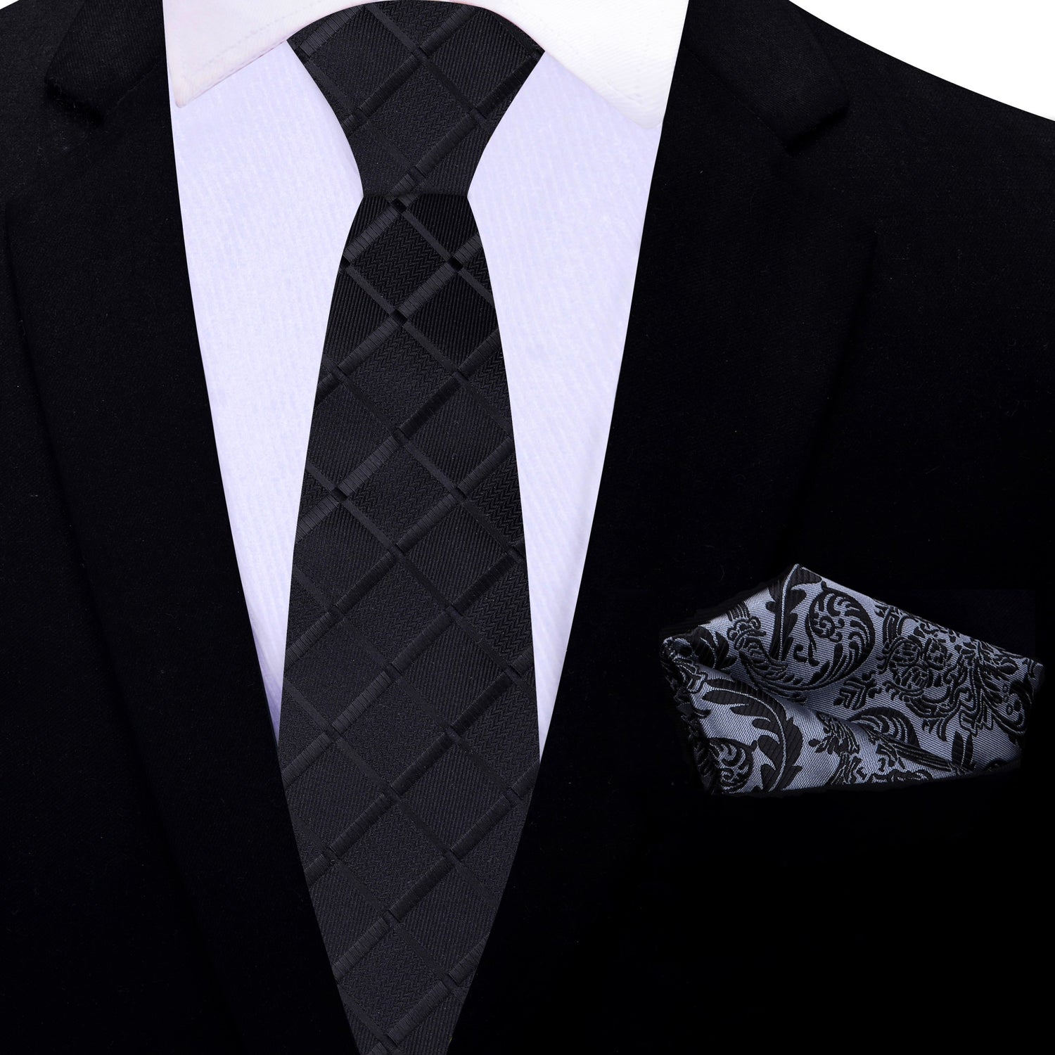 Thin Black Necktie with Grey Square
