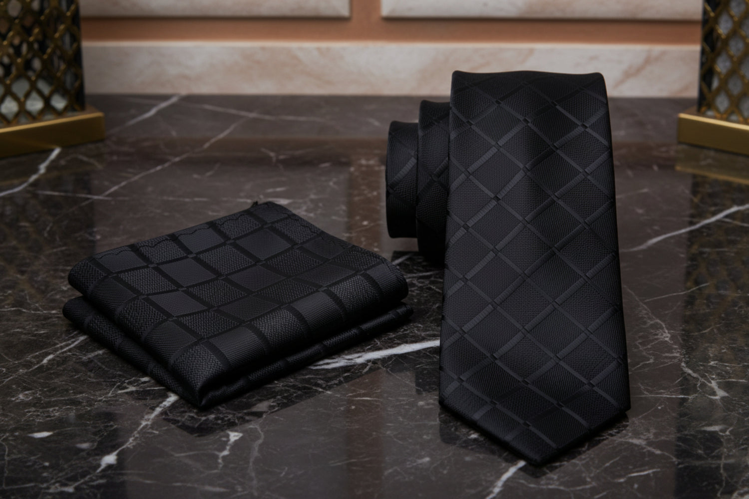 Alt View: Sleek Black Squares Tie and Pocket Square