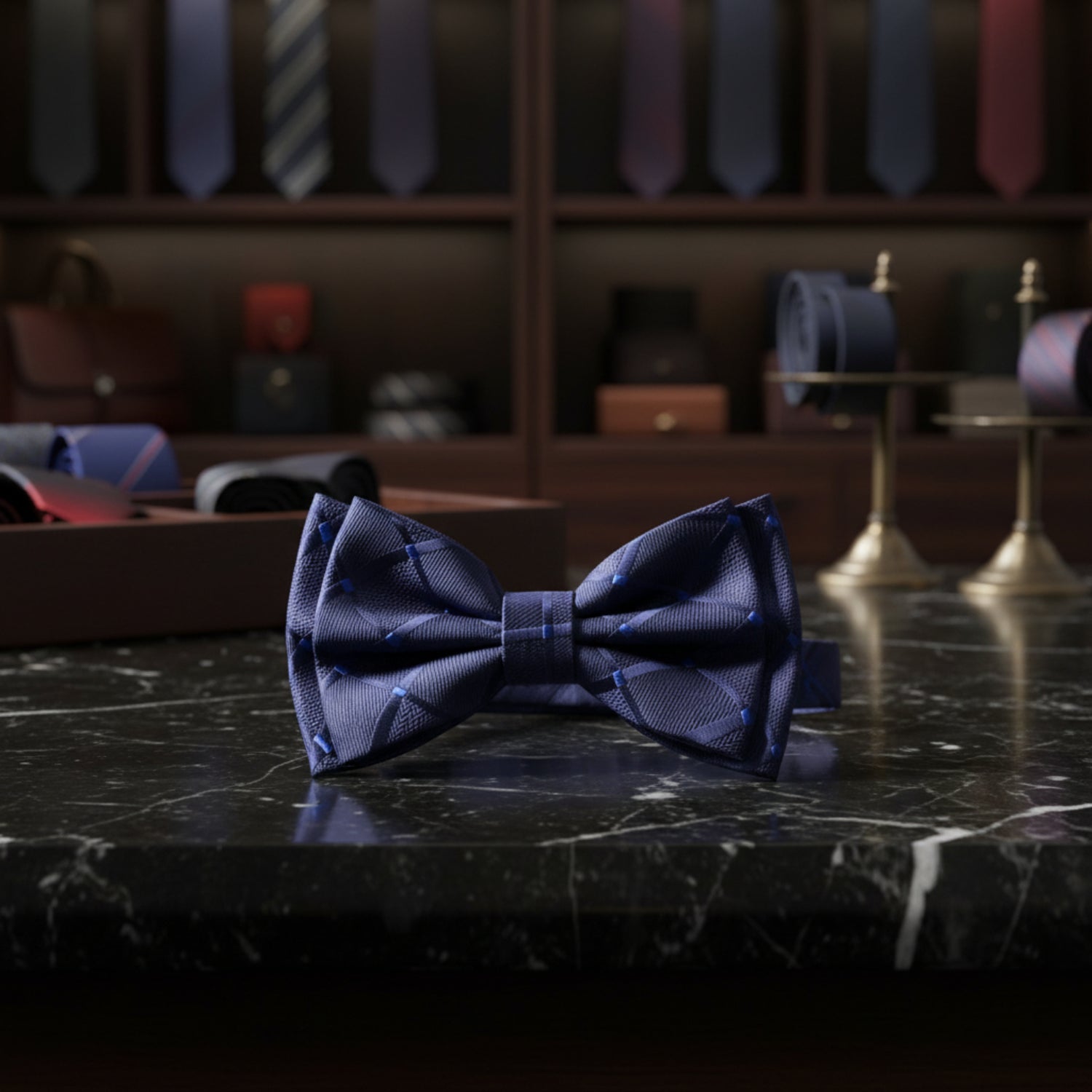 A Dark Blue With Geometric Check Texture Pattern Kids Pre-Tied Bow Tie