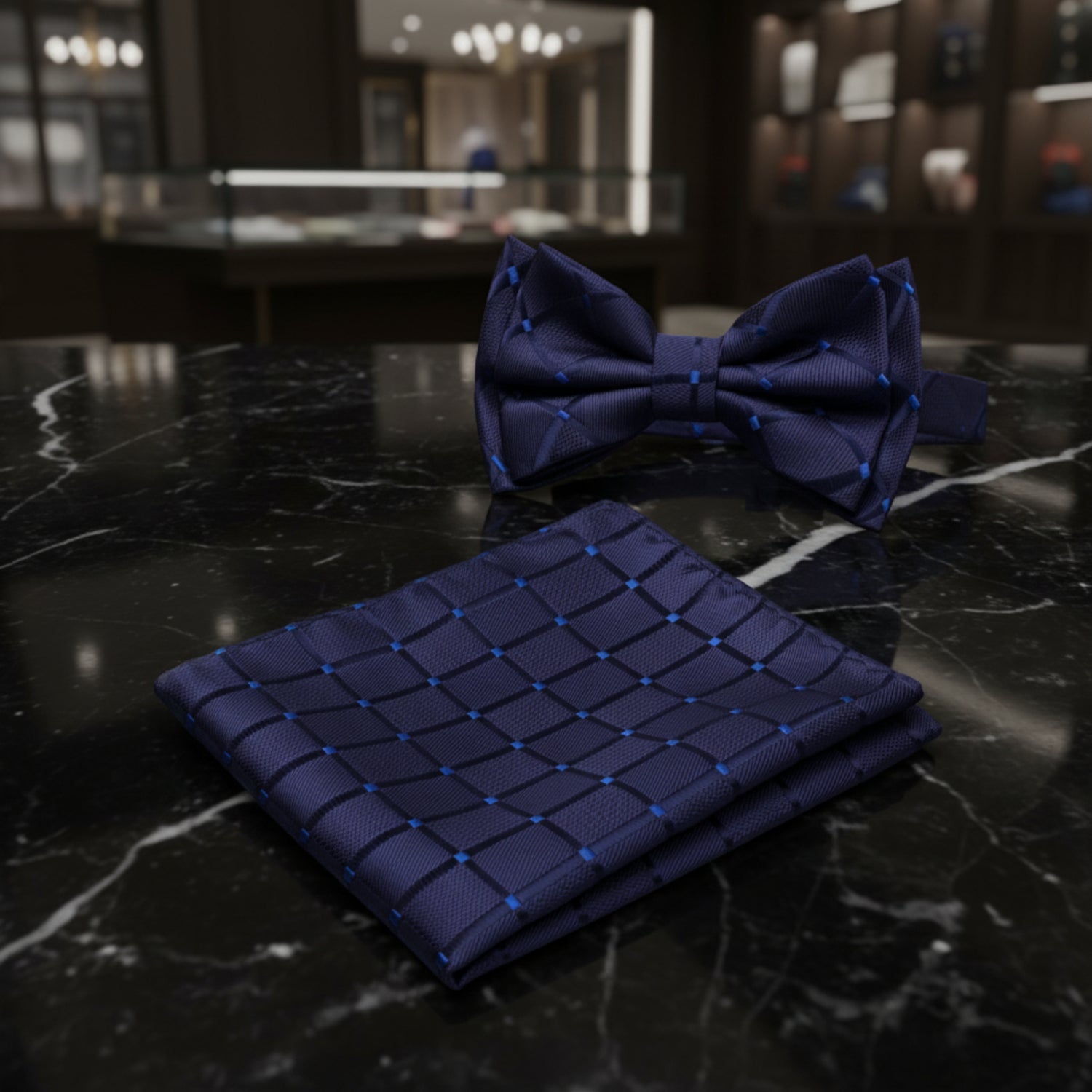 Main View: A Dark Blue With Geometric Check Texture Pattern Kids Pre-Tied Bow Tie, Matching Pocket Square