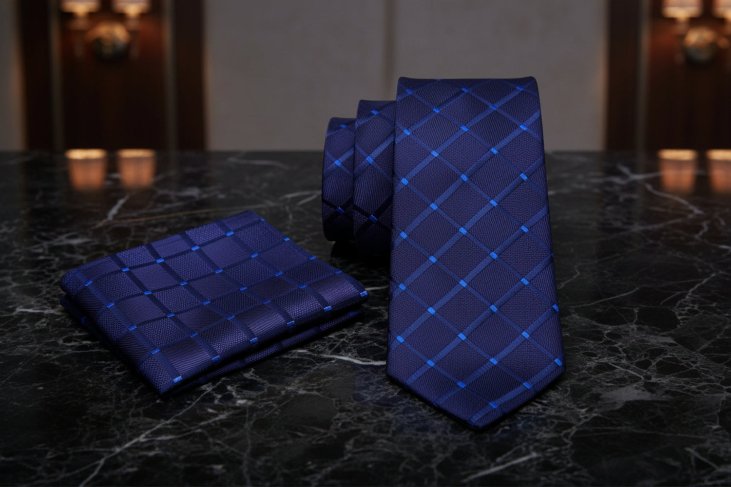 Alt View: A Deep Blue With Geometric Texture Pattern Necktie, Matching Pocket Square