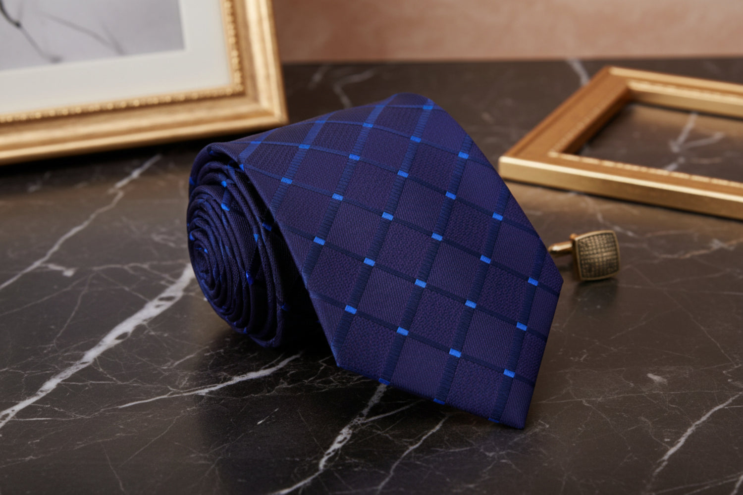 A Deep Blue With Geometric Texture Pattern Necktie