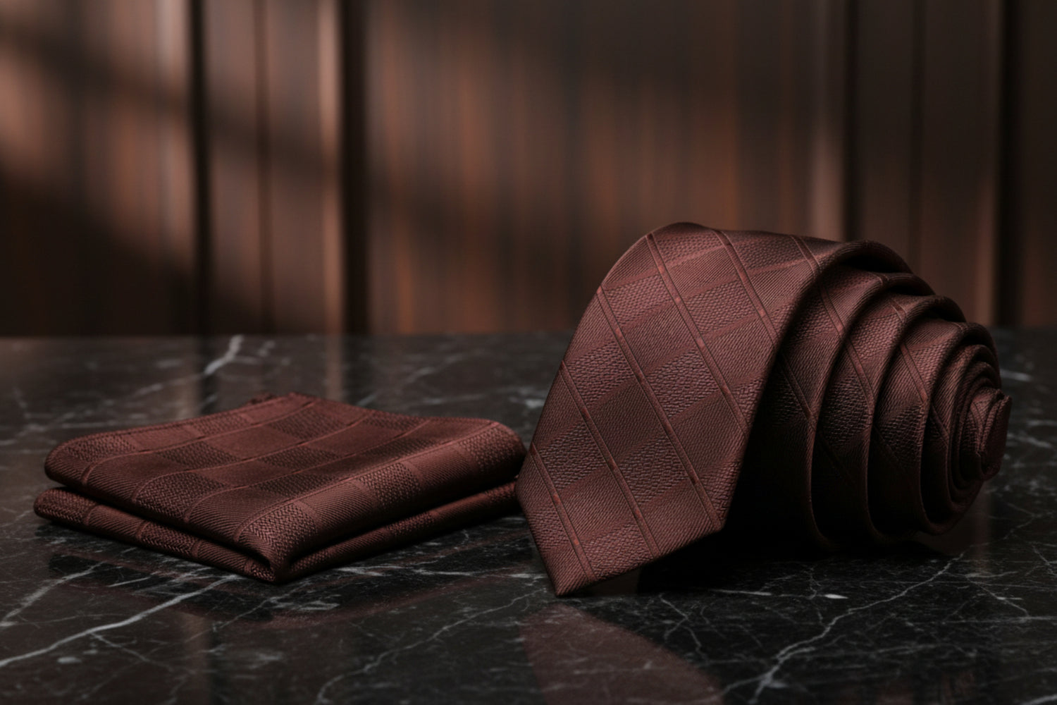 Alt View: A Brown With Geometric Texture Pattern Necktie, Matching Pocket Square