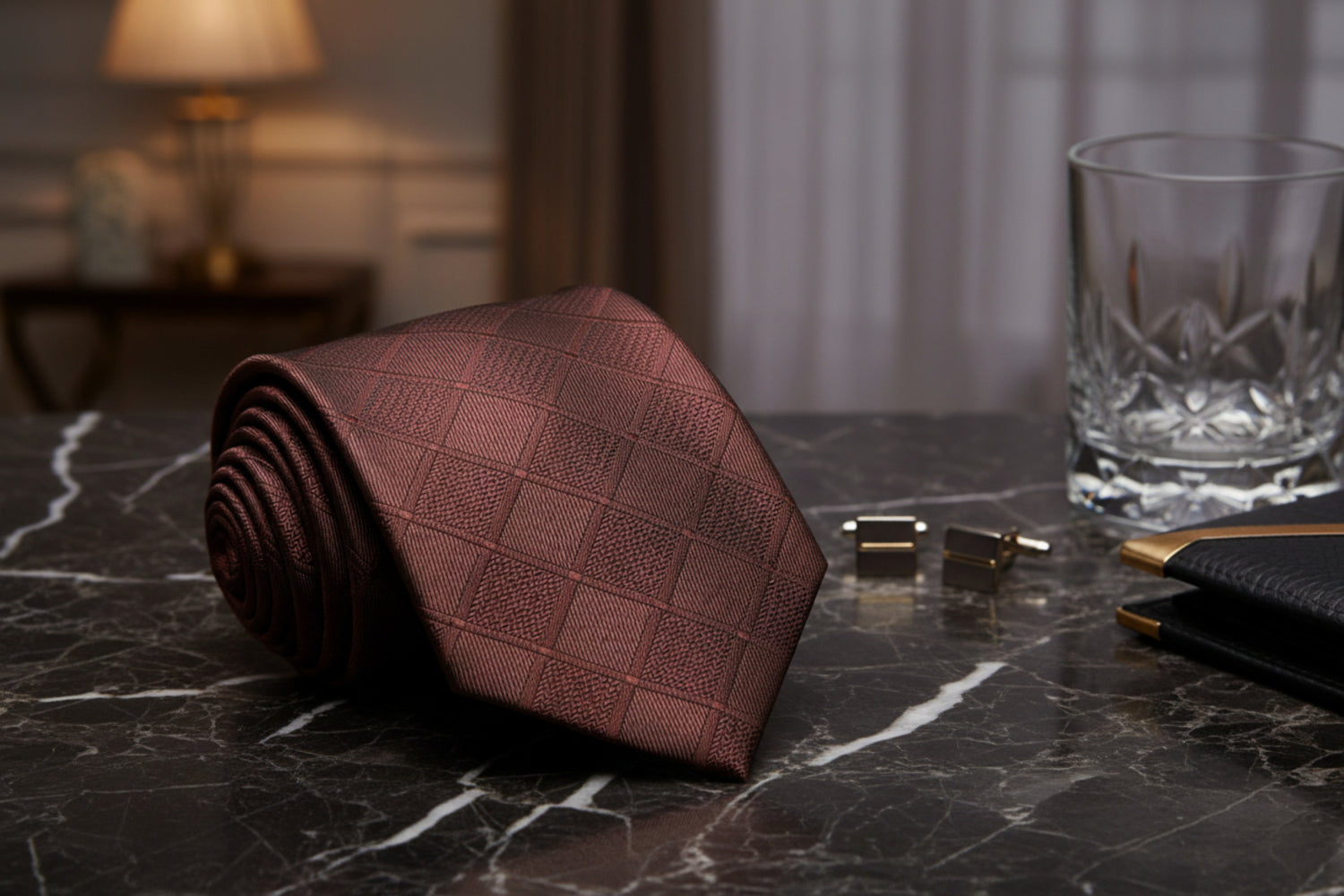 A Brown With Geometric Texture Pattern Necktie