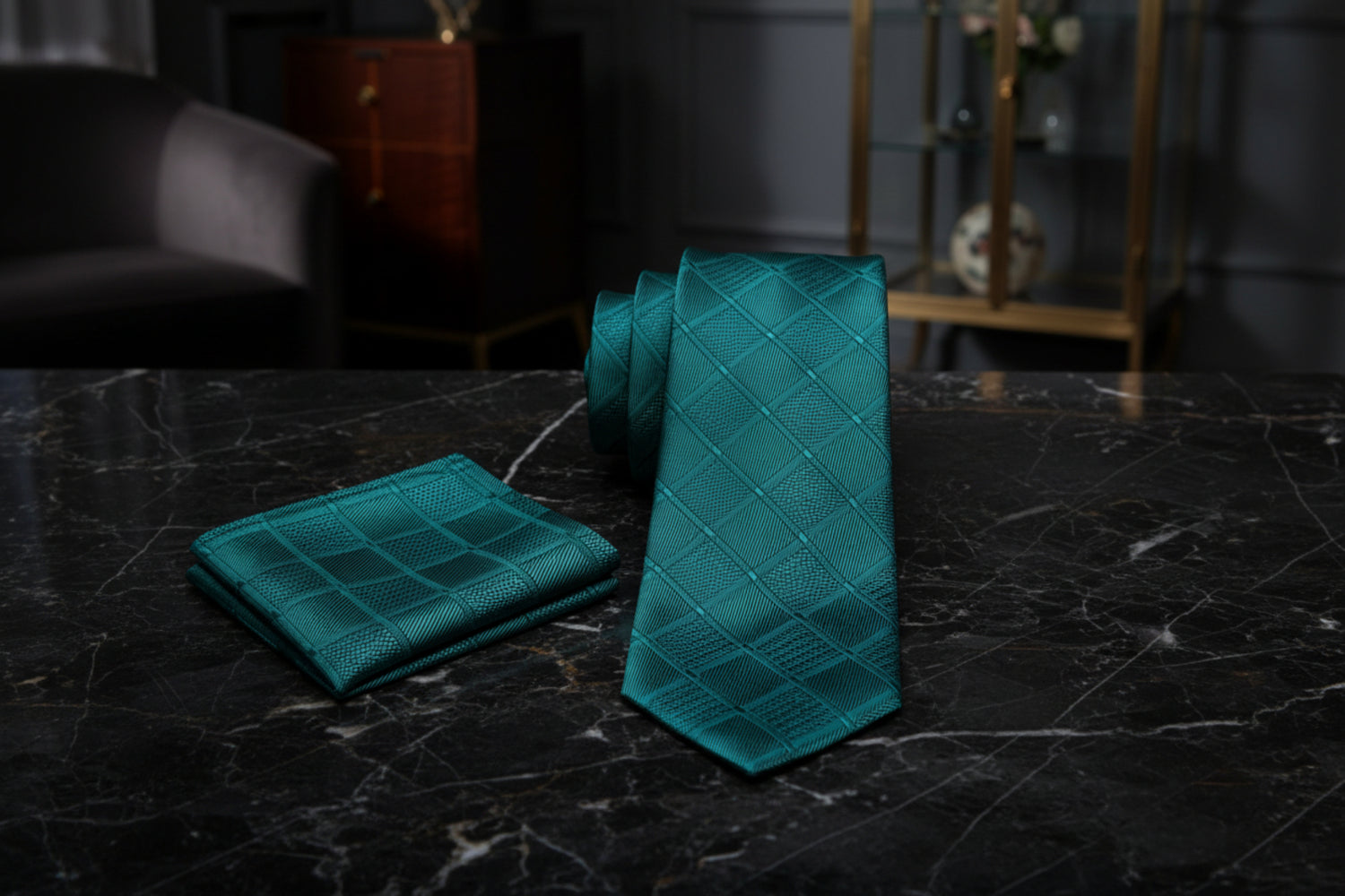 Alt View: A Green With Geometric Texture Pattern Necktie, Matching Pocket Square
