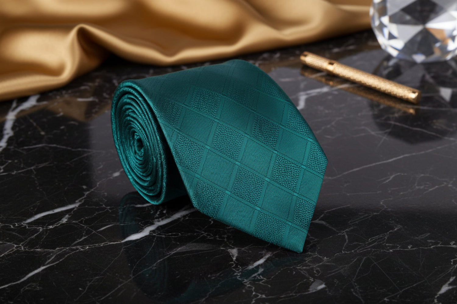 A Green With Geometric Texture Pattern Necktie 