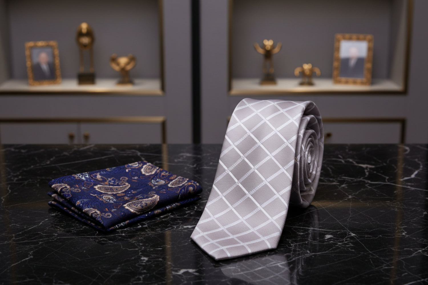 Alt View: Pearl Geometric Tie and Accenting Blue and Brown Paisley Pocket Square