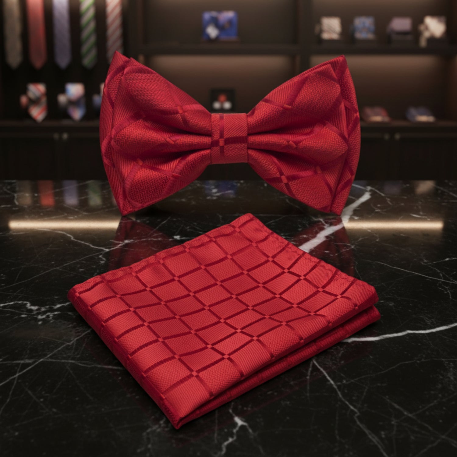 Red Sleek Squares Bow Tie and Pocket Square