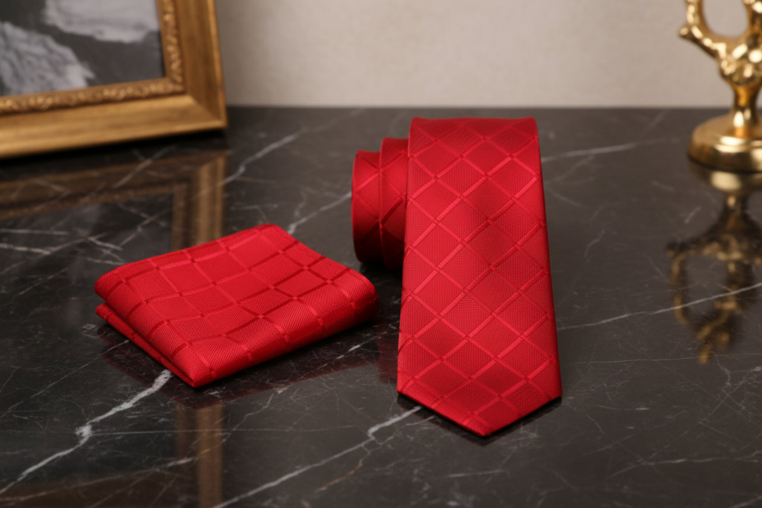 Alt View: A Bright Red With Geometric Texture Pattern Necktie and Pocket Square