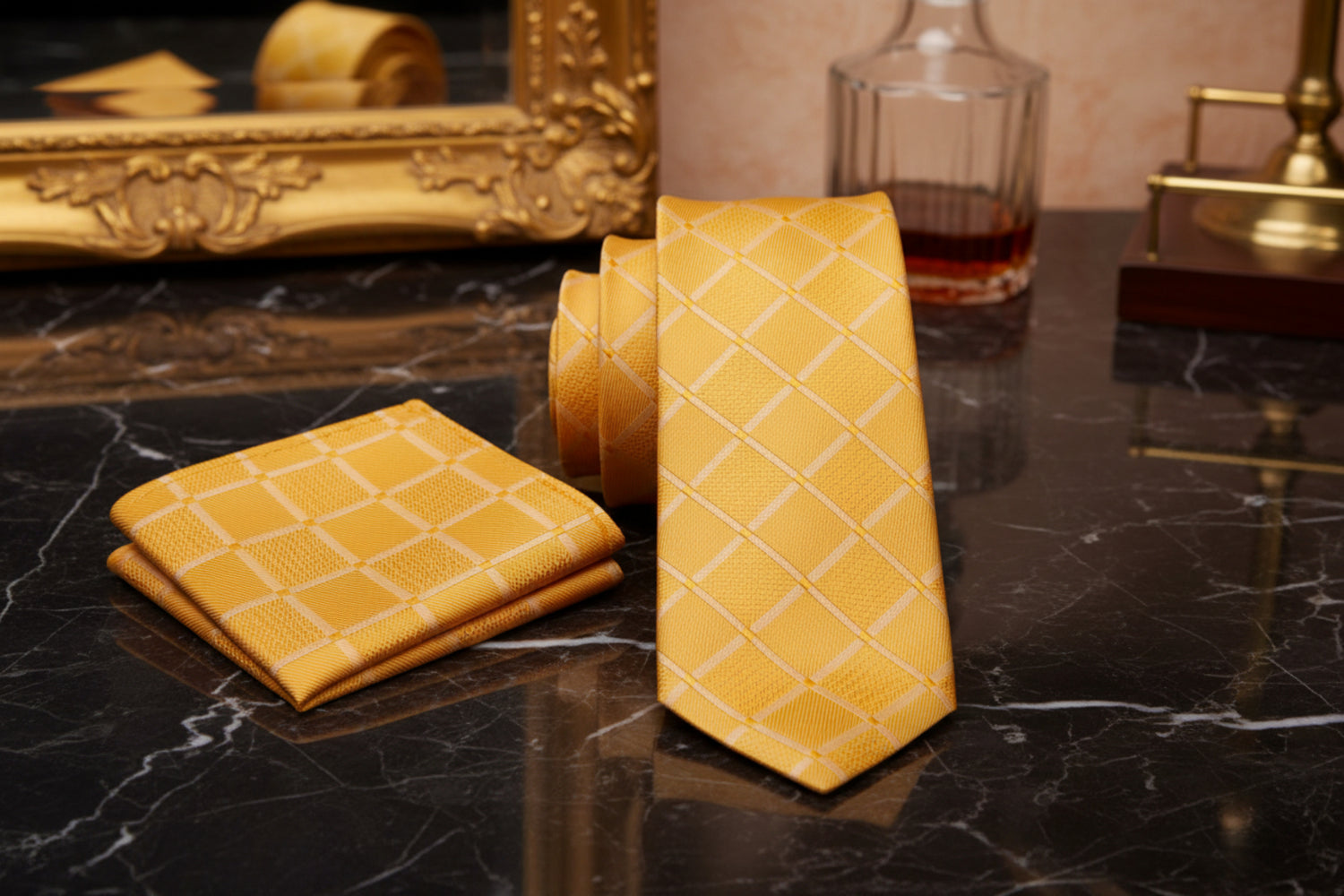 alt view: Yellow with geometric texture necktie and pocket square