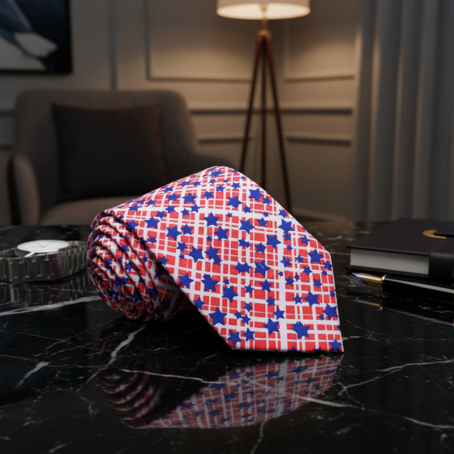 Red, Blue, White Check And Stars Tie a 