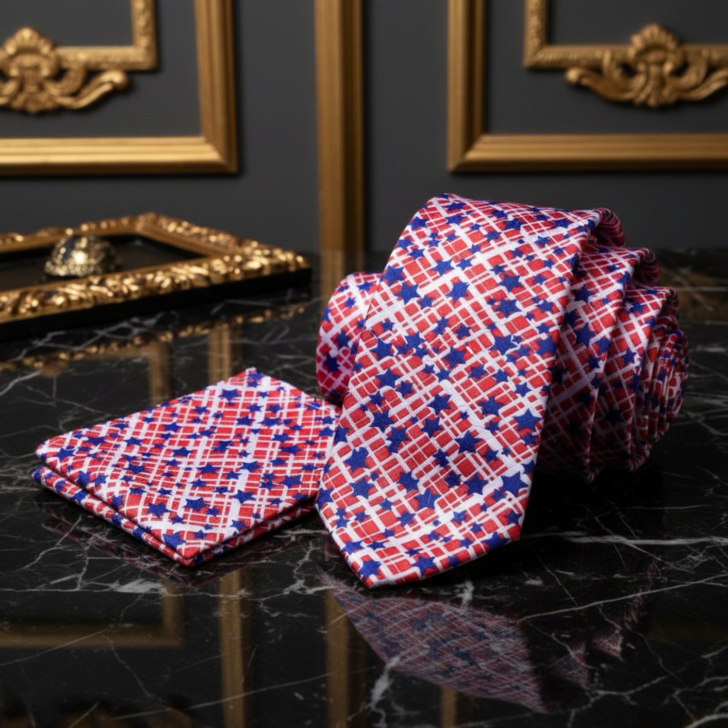 Alt View: Red, Blue, White Check And Stars Tie and Pocket Square