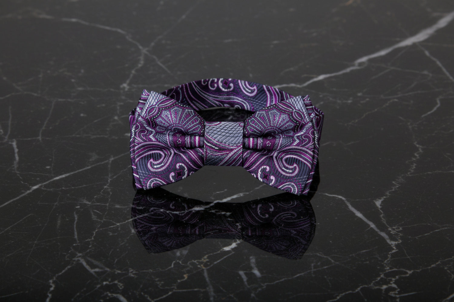 Pre Tied; Smokey Grey Purple Paisley Bow Tie