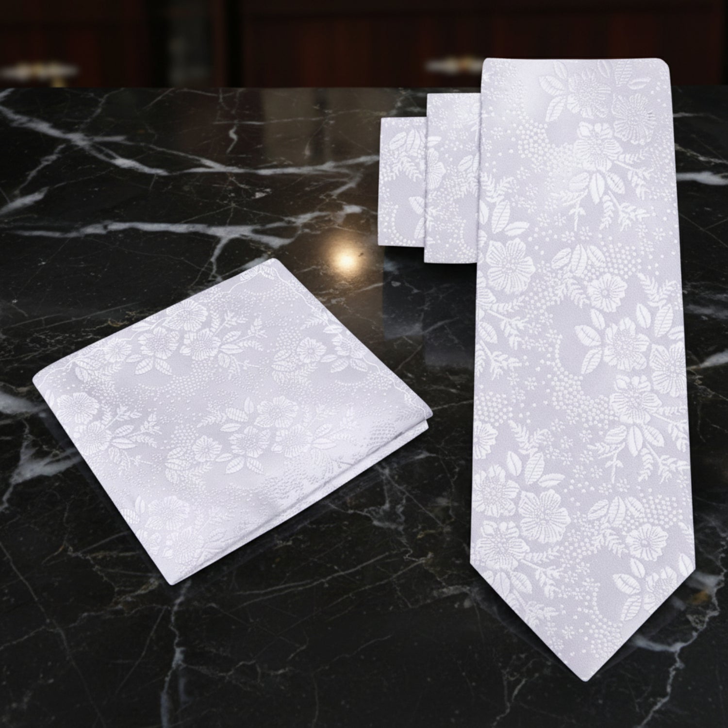 Alt View: White Floral Tie and Pocket Square