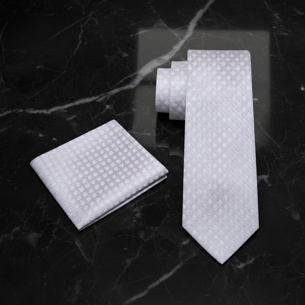 Alt View: A Platinum Colored Tie With Metallic Looking Check Accent Pattern Necktie With Matching Pocket Square