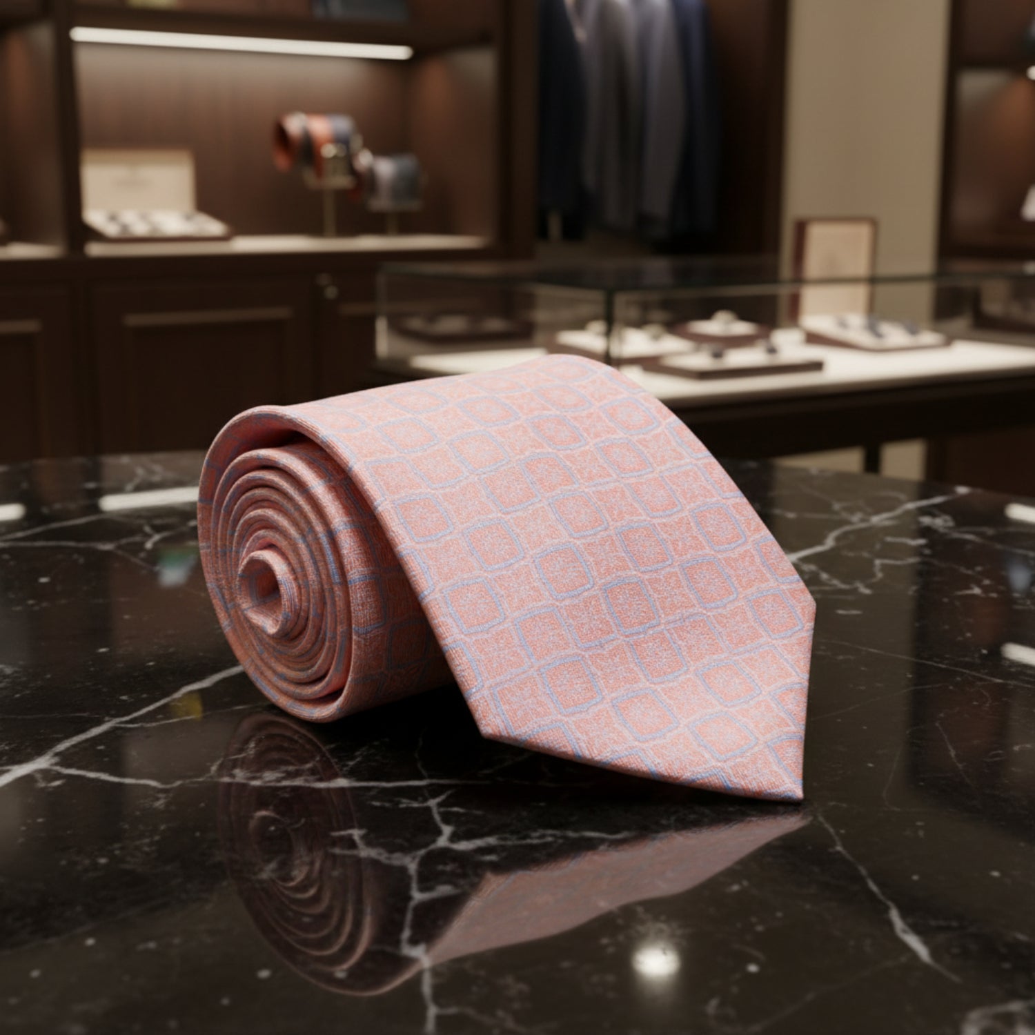Peachy Pink and Blue Geometric Tie||Peach/Pink