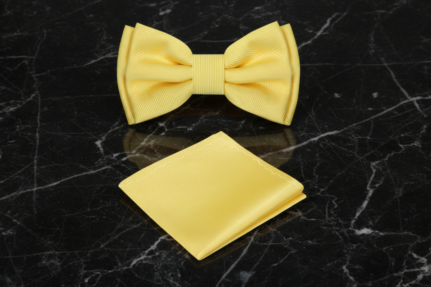 A Yellow Solid Pattern Self Tie Bow Tie, Matching Pocket Square