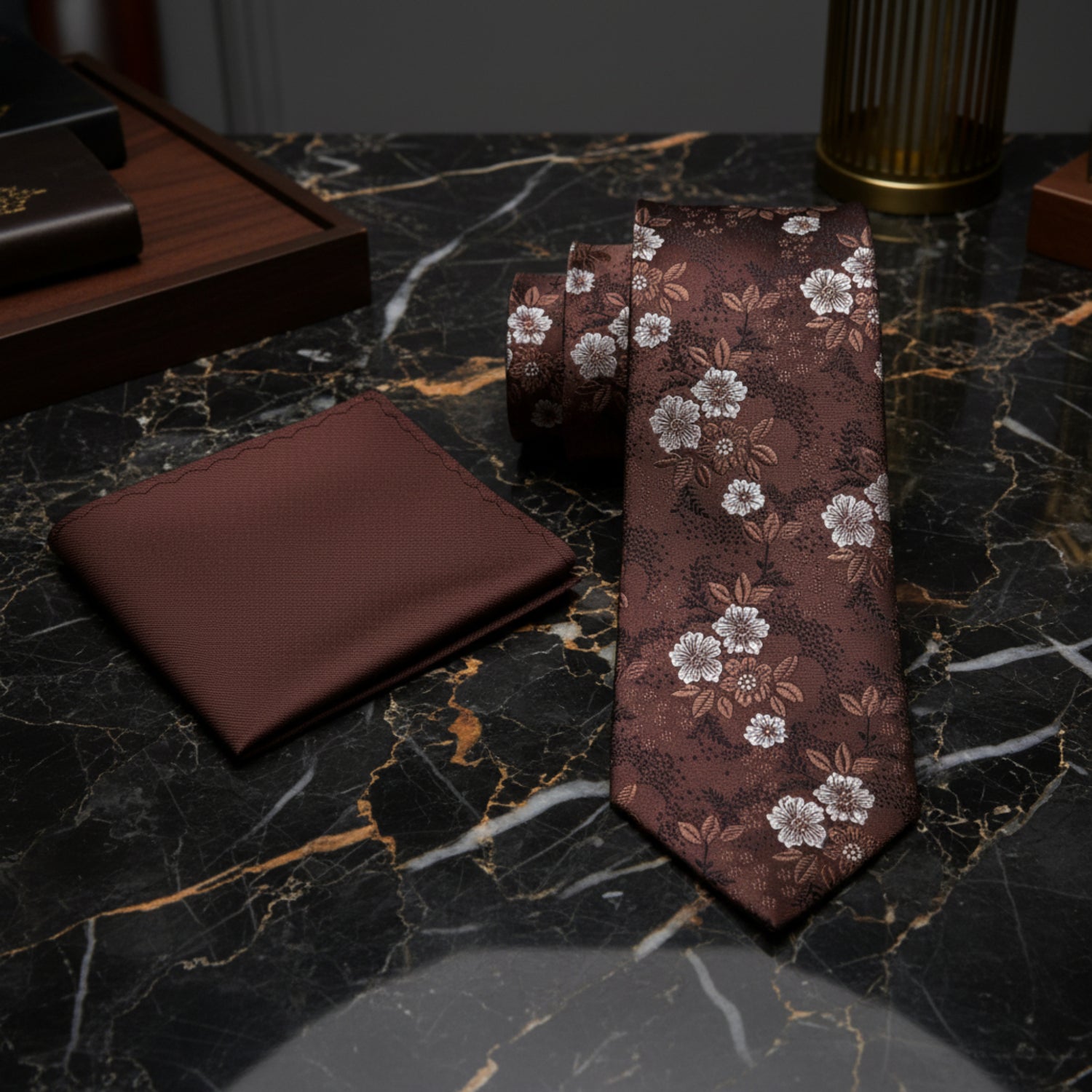 View 2: Shades of Brown Floral Tie and Solid Brown Square