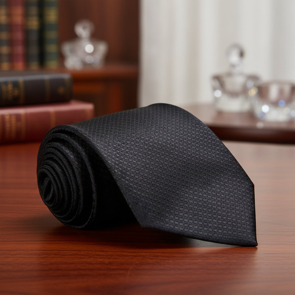 A Solid Black Tie With Small Check Texture Pattern Silk Necktie  