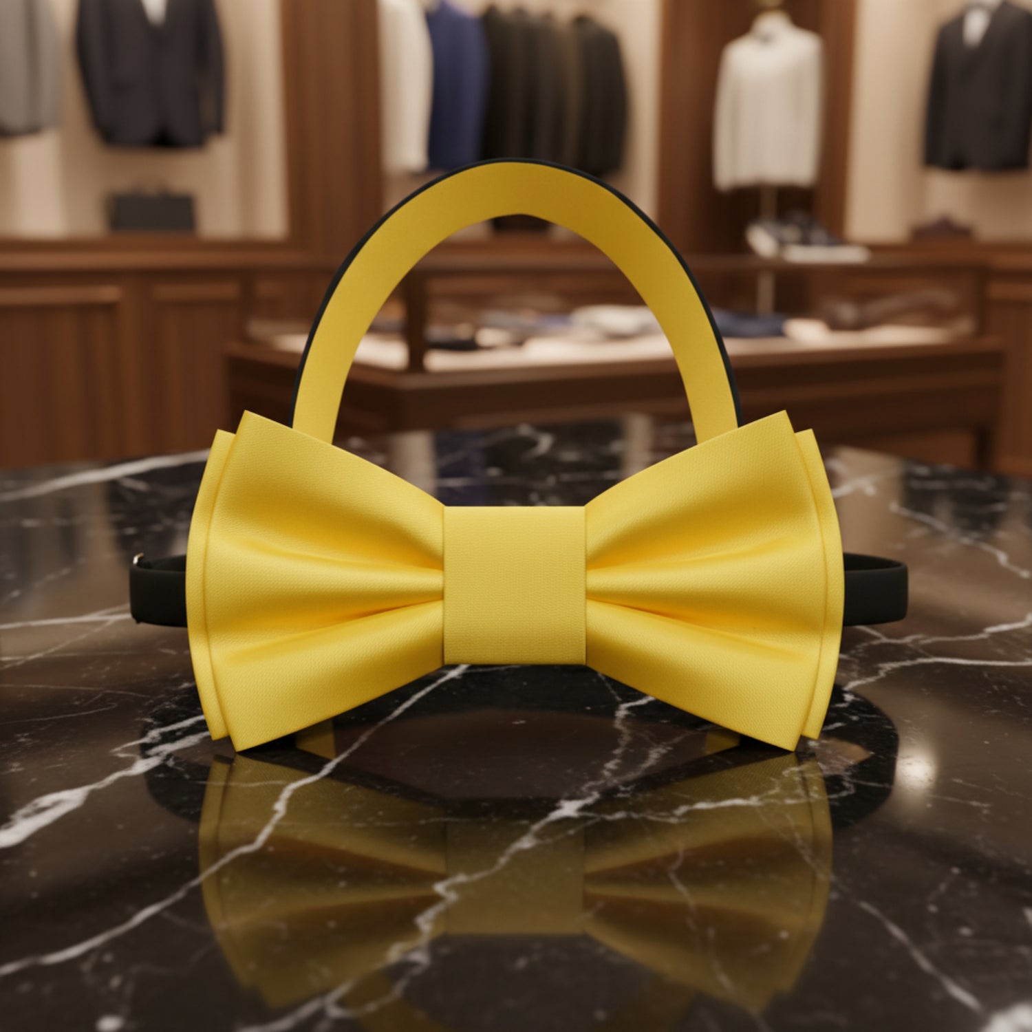 Pre Tied View: Solid Glossy Canary Yellow Bow Tie