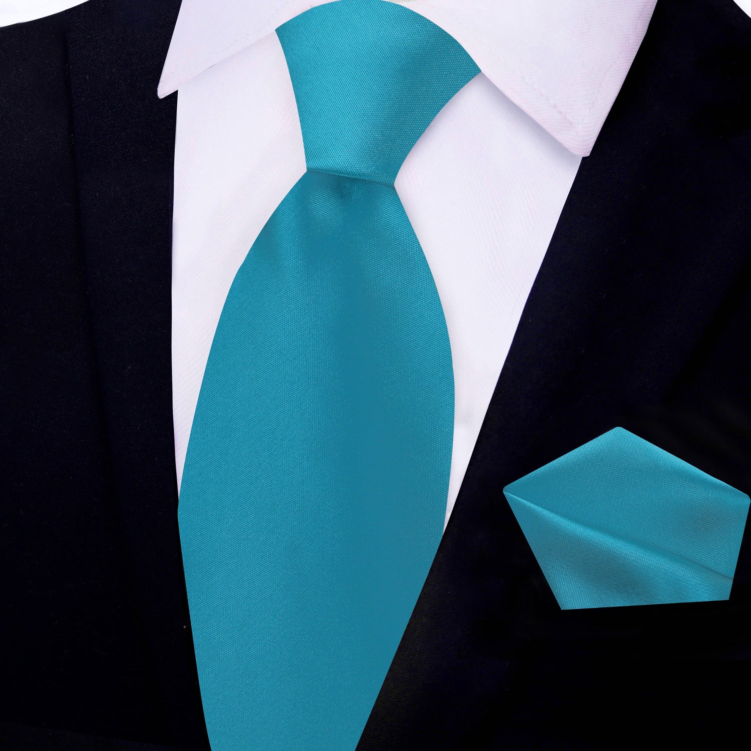 Solid Glossy Dark Cyan Silk Necktie and Pocket Square