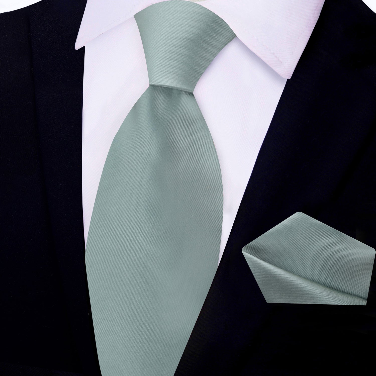 View 2: Main View: Solid Glossy Viridian Green Silk Necktie and Pocket Square