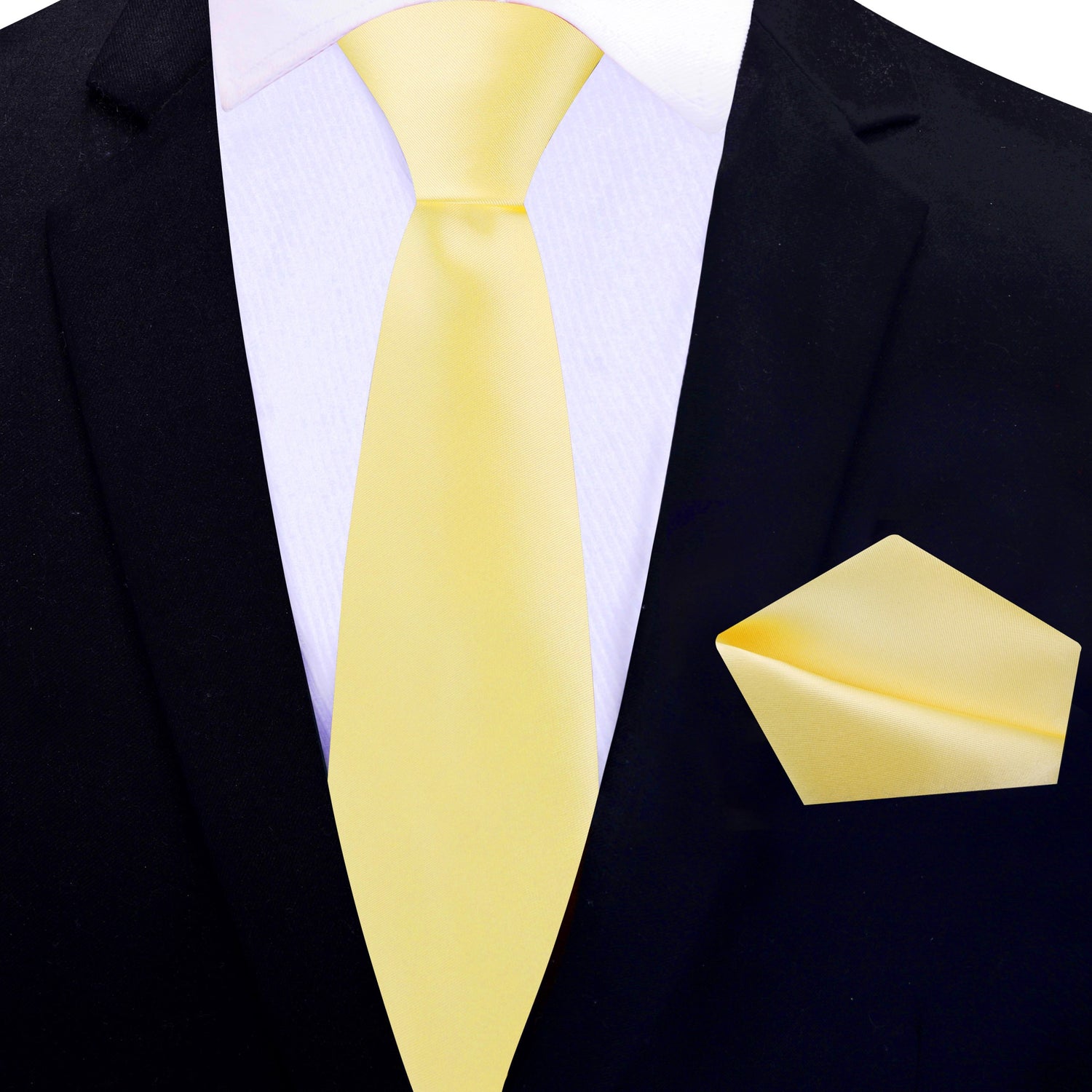 Thin Tie: Solid Glossy Sugar Cookie Yellow Silk Necktie and Pocket Square