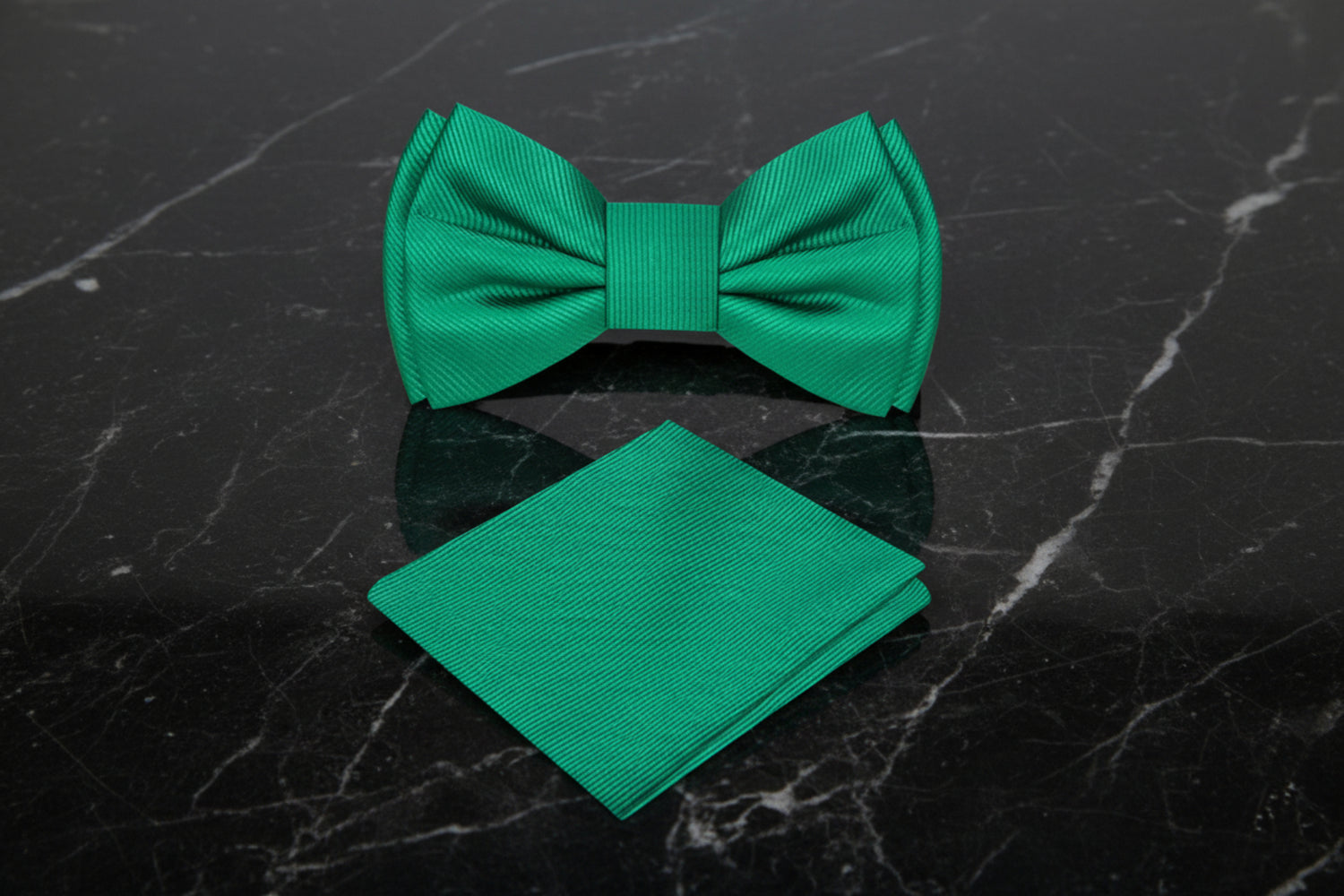A Green Solid Pattern Self Tie Bow Tie, Matching Pocket Square
