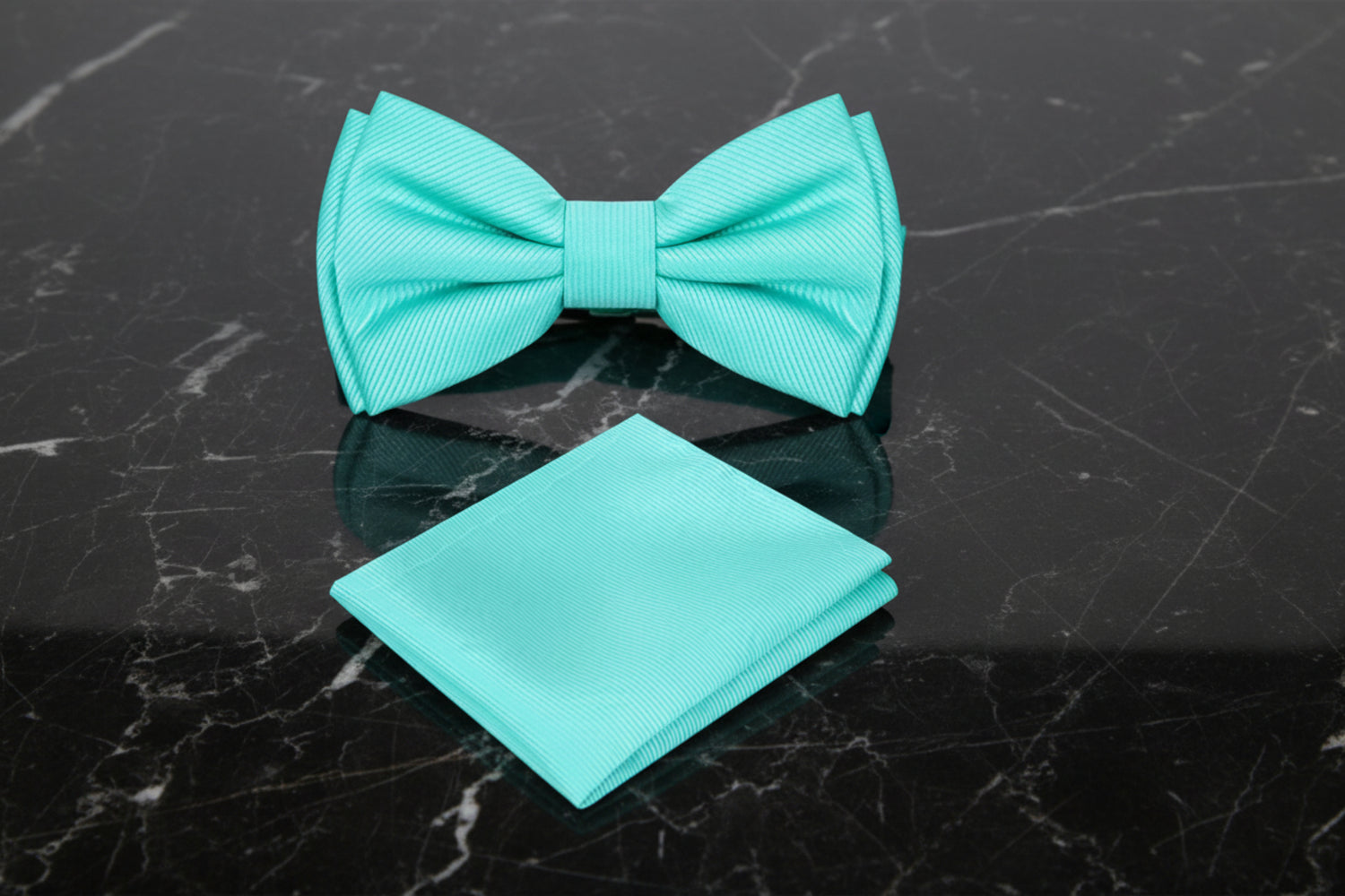 A Mint Solid Pattern Self Tie Bow Tie, Matching Pocket Square