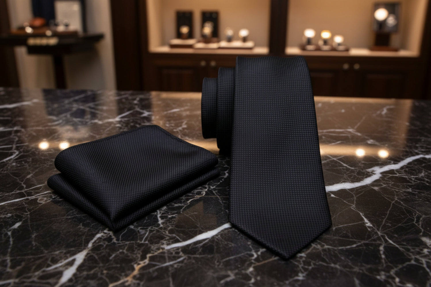 Alt View: A Solid Black With Check Texture Pattern Necktie, Matching Pocket Square
