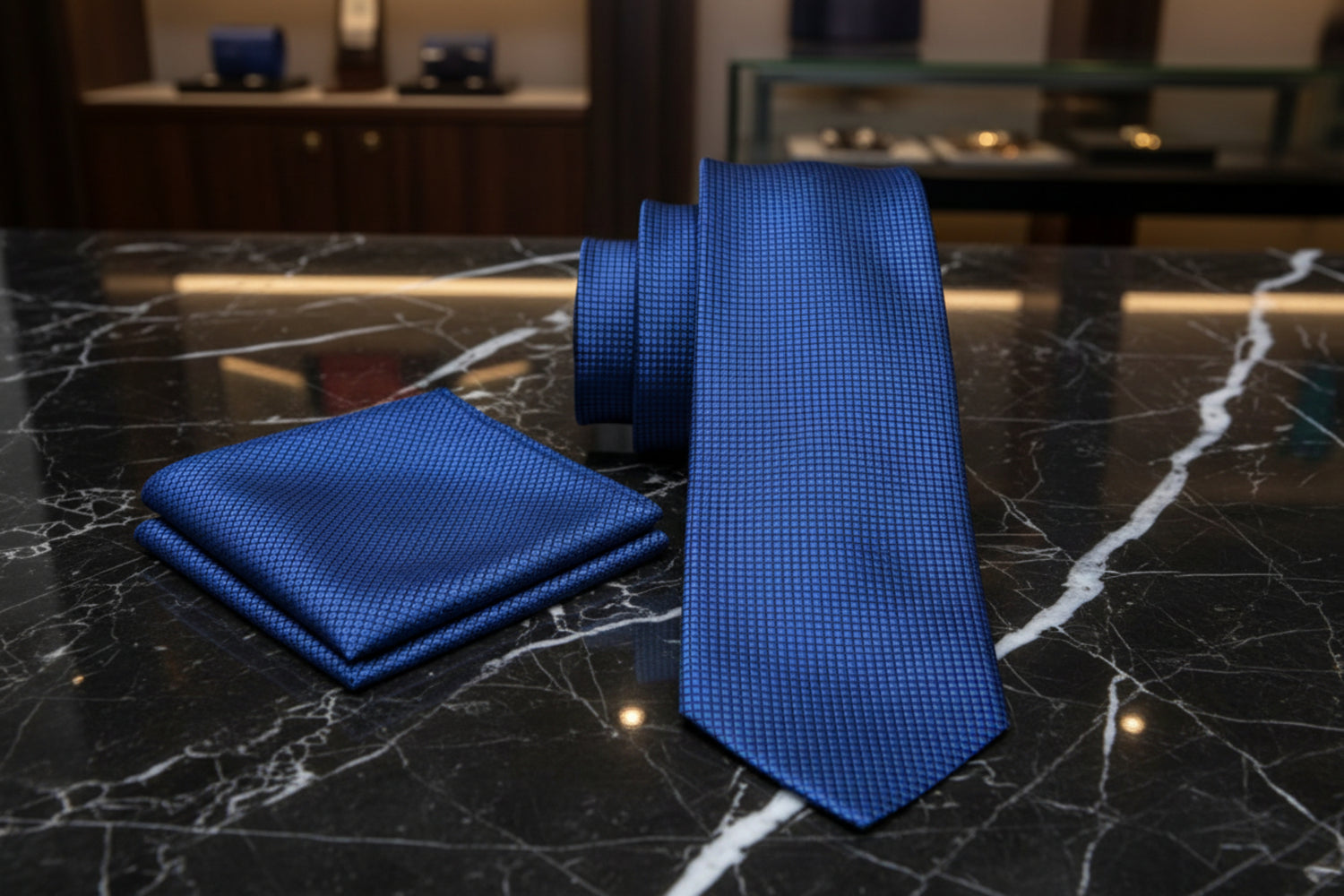 Alt View: A Solid Deep Blue With Check Texture Pattern Necktie, Matching Pocket Square