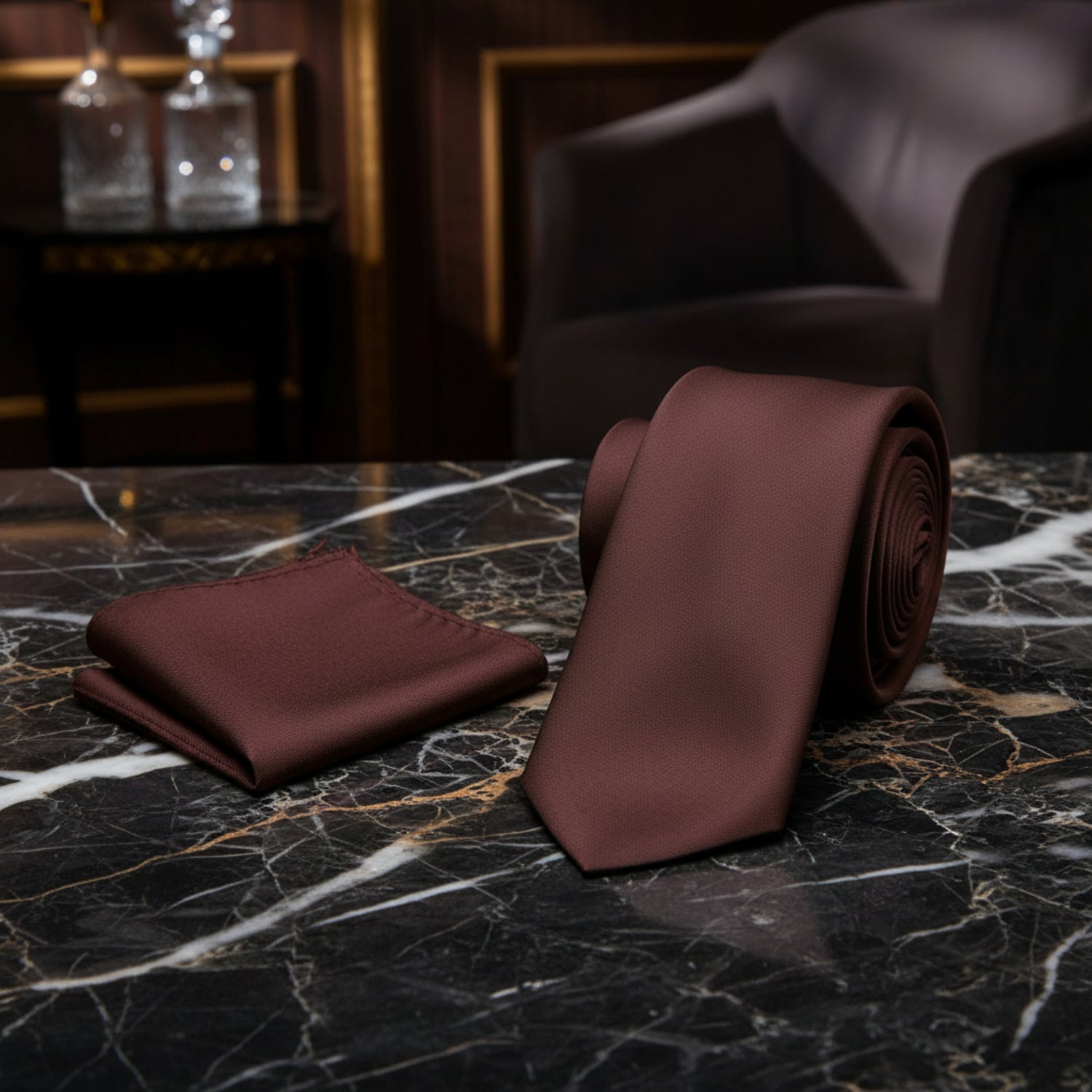 Alt View: A Solid Brown Pattern Necktie, Matching Pocket Square