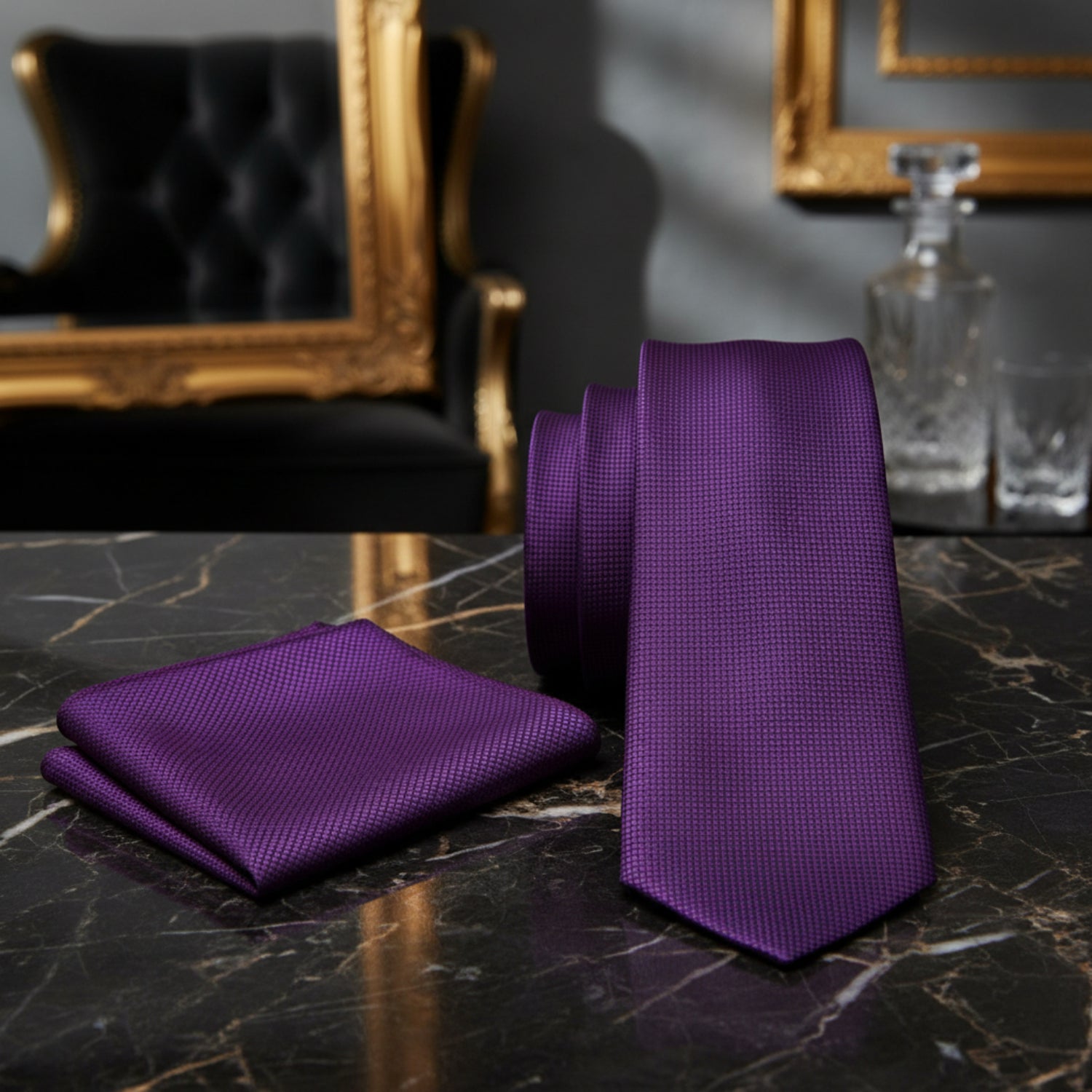 Alt View: A Solid Deep Purple With Check Texture Pattern Necktie, Matching Pocket Square