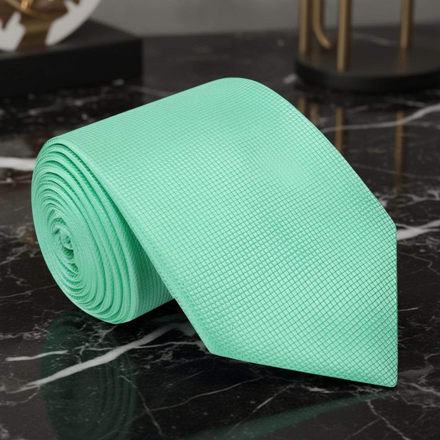A Solid Mint With Check Texture Pattern Necktie||Mint