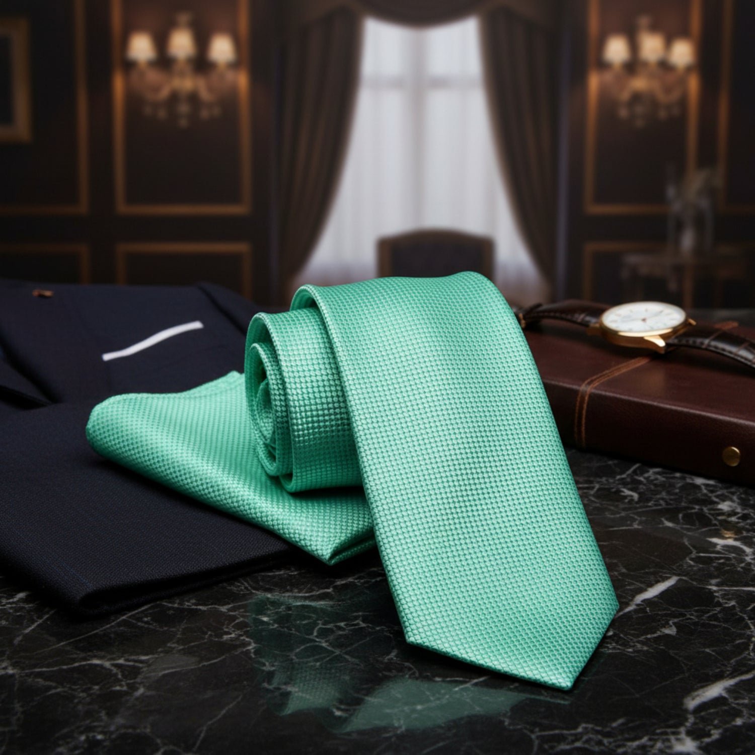 Alt View: A Solid Mint With Check Texture Pattern Necktie, Matching Pocket Square