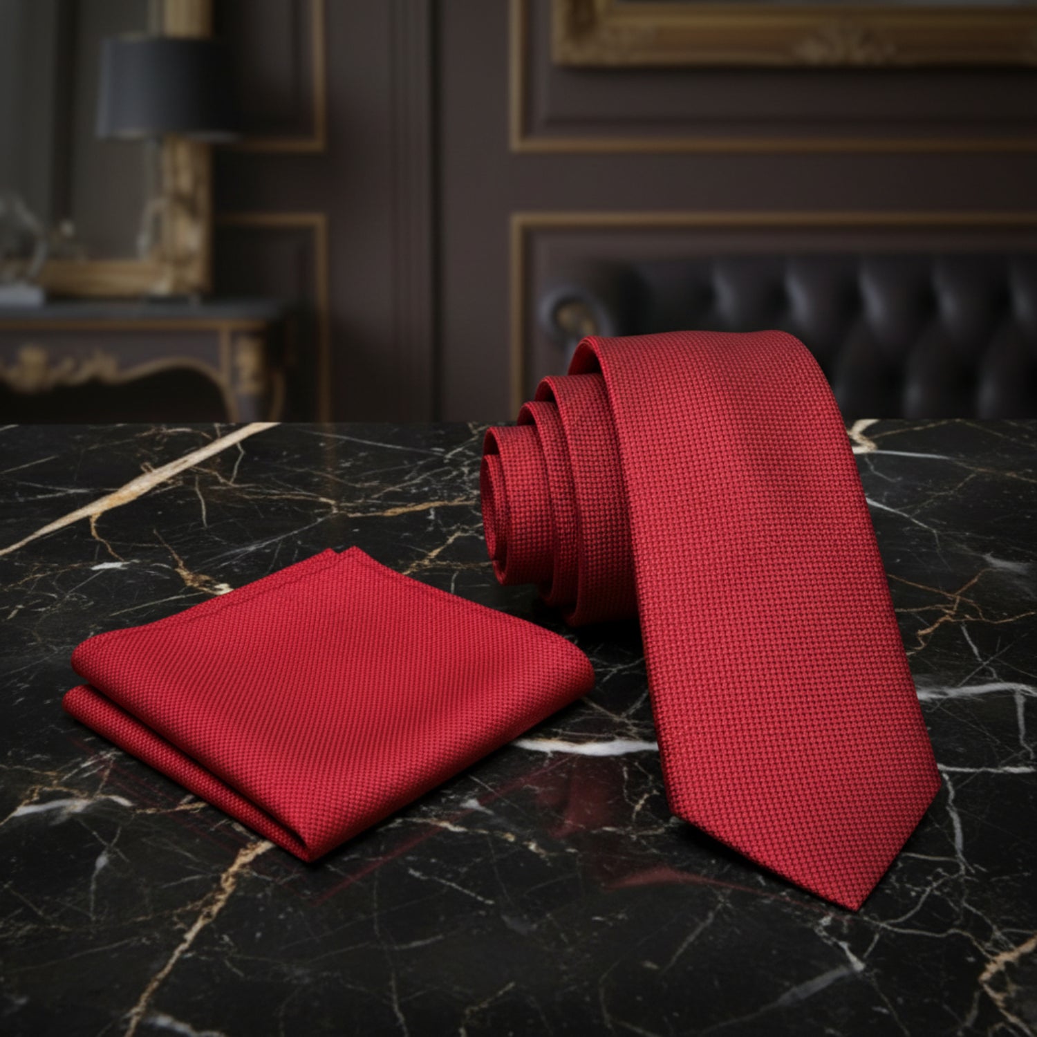 Alt View: A Solid Red With Check Texture Pattern Necktie, Matching Pocket Square