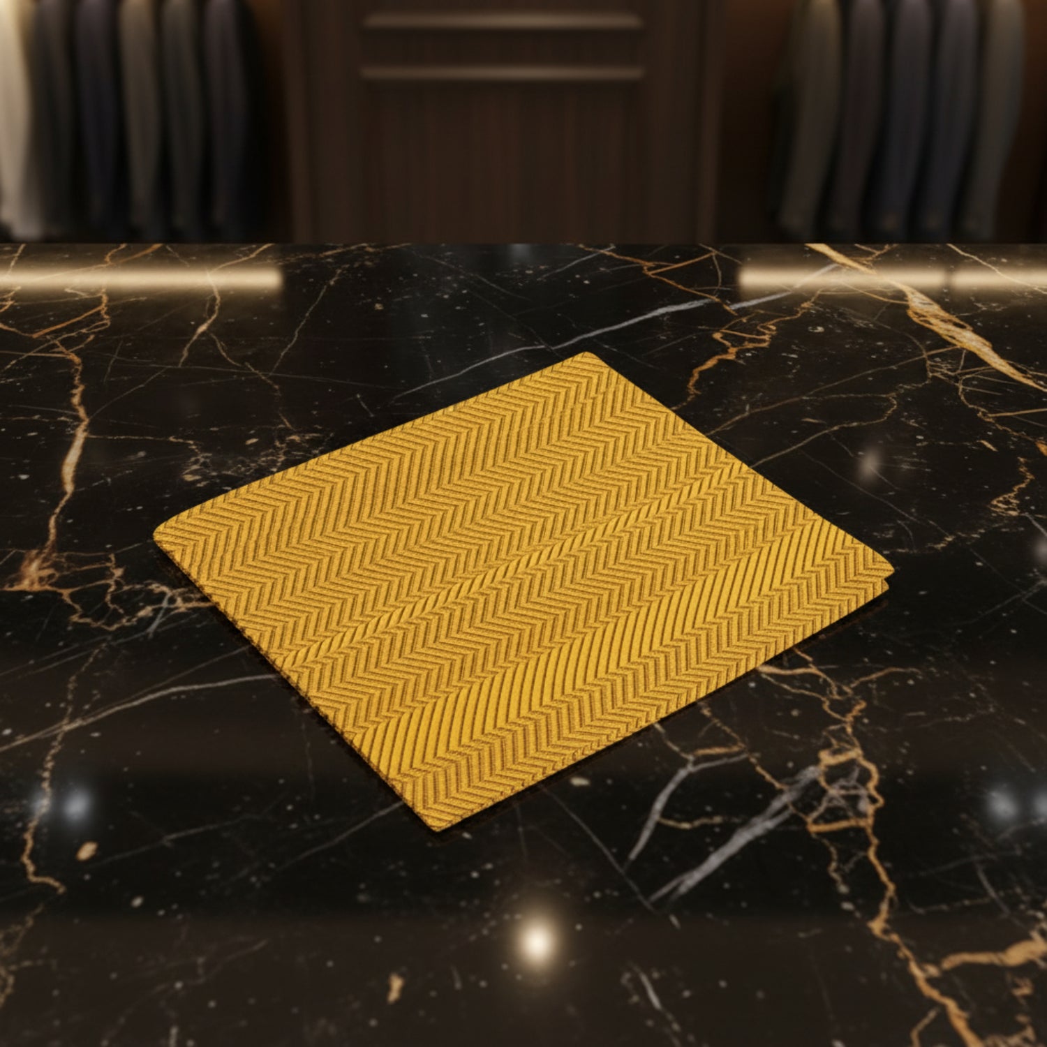 A Solid Golden Amber Yellow Color with Sophisticated Lined Texture Silk Pocket Square