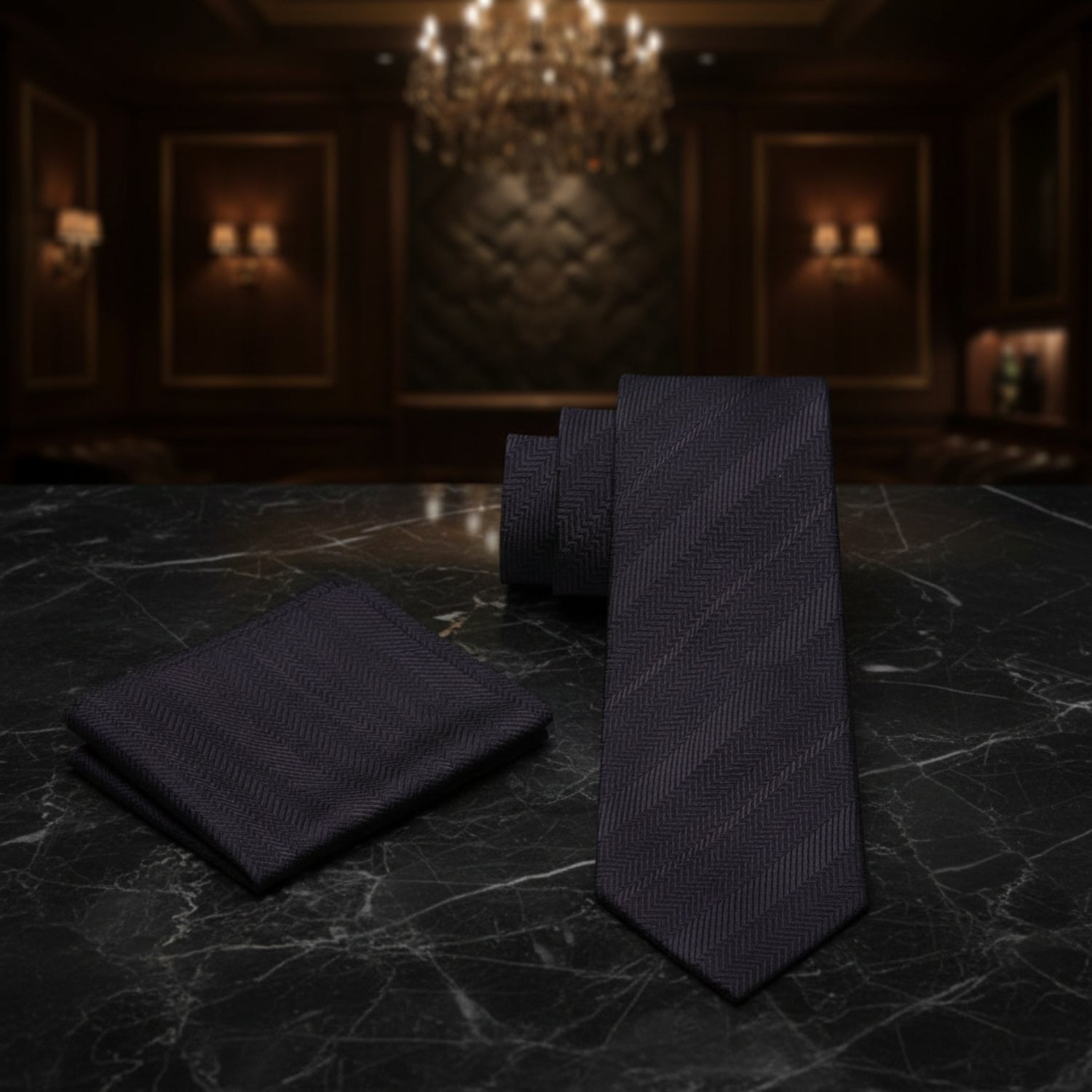 Alt View: A Solid Graphite Shadow Pattern Necktie, Matching Pocket Square