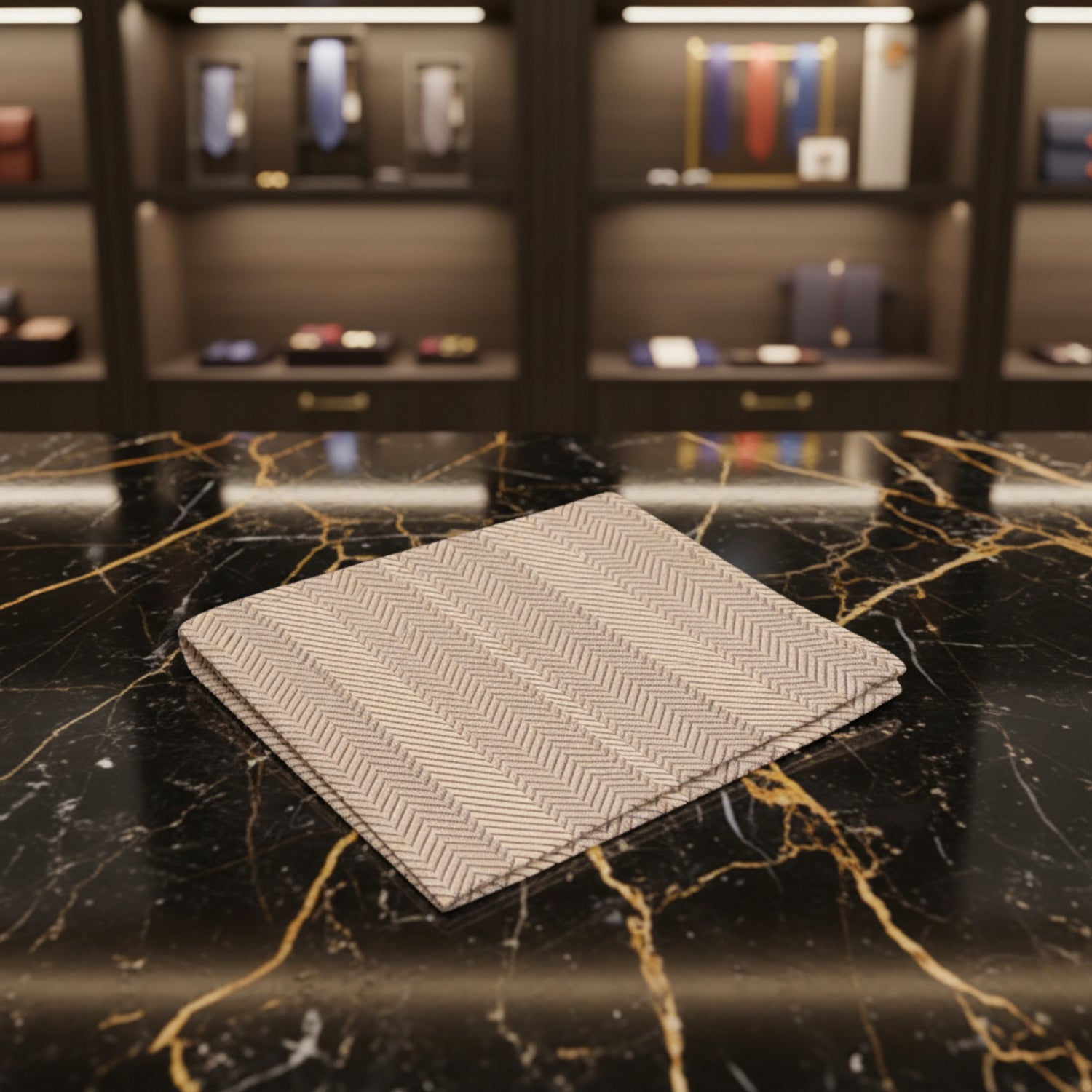 A Solid Metallic Wheat Color with Sophisticated Lined Texture Silk Pocket Square