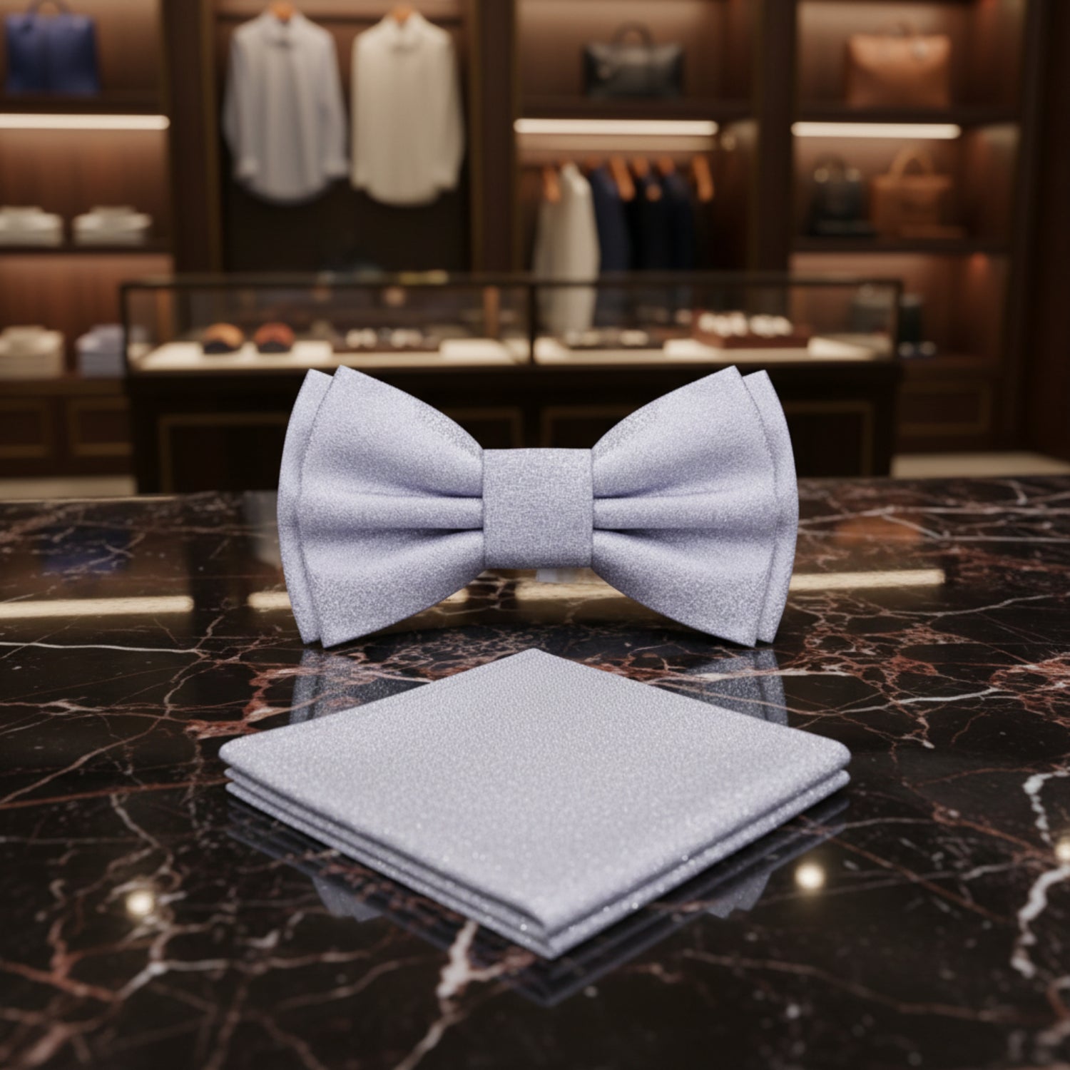 Shimmer Silver Bow Tie and Square